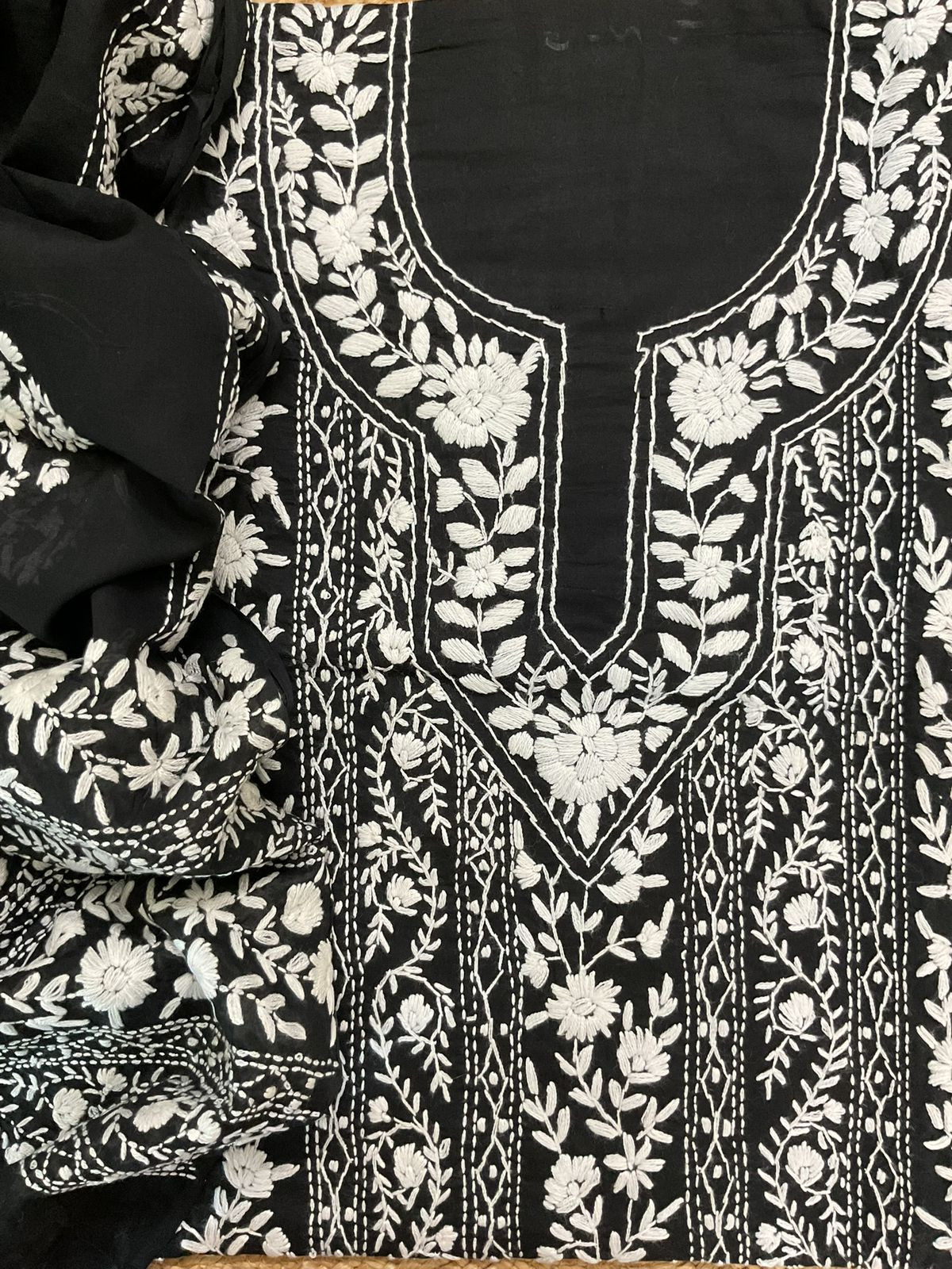 Pure Cotton Embroidered Suit - Black