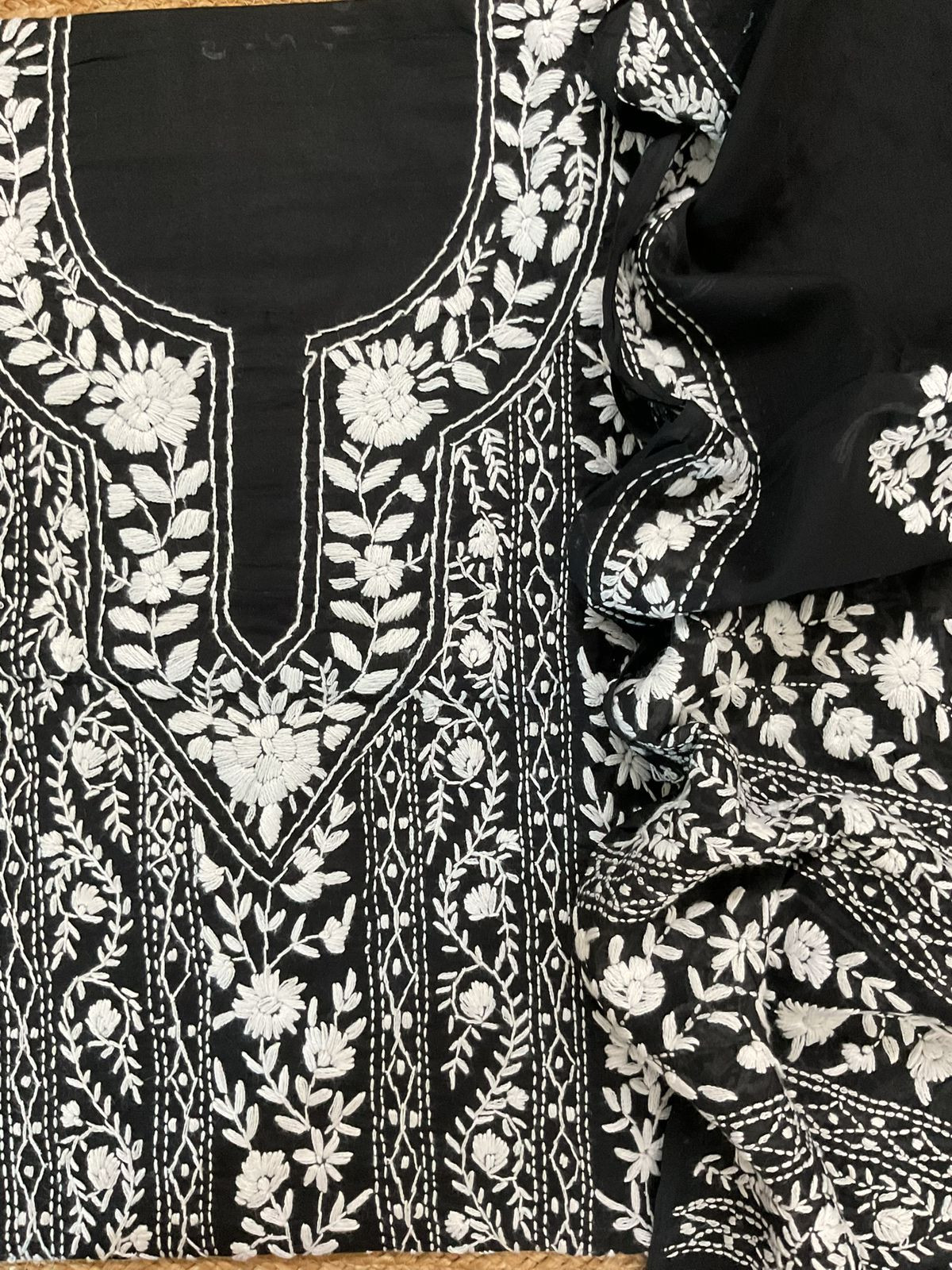 Pure Cotton Embroidered Suit - Black