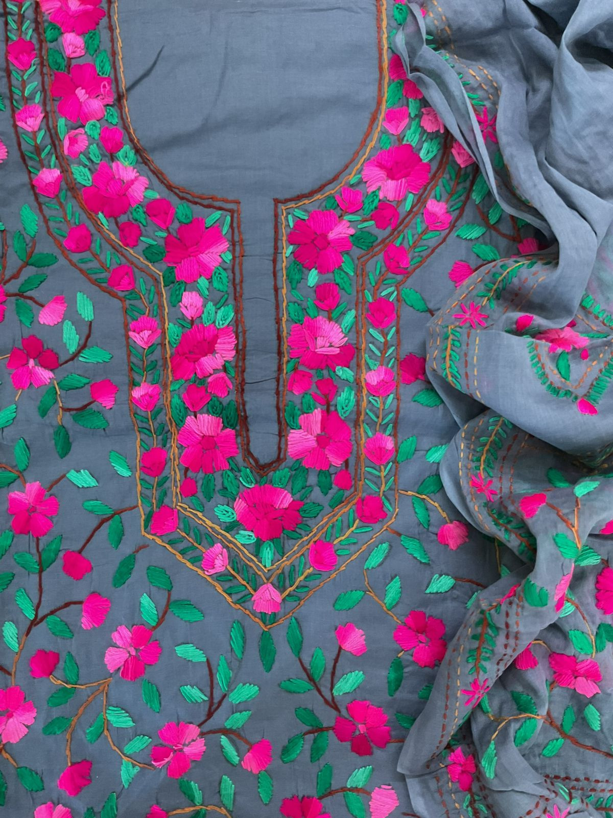 Pure Cotton Embroidered Suit - Grey
