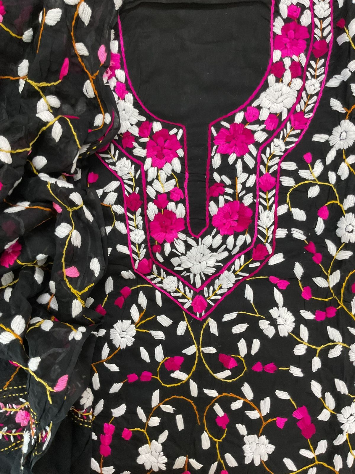 Pure Cotton Embroidered Suit - Black