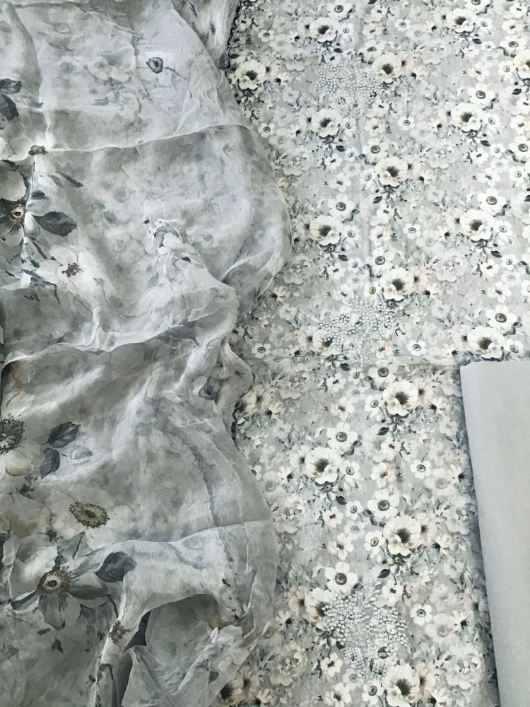 Image of Pure Cotton Printed Embroidered Suit - Grey