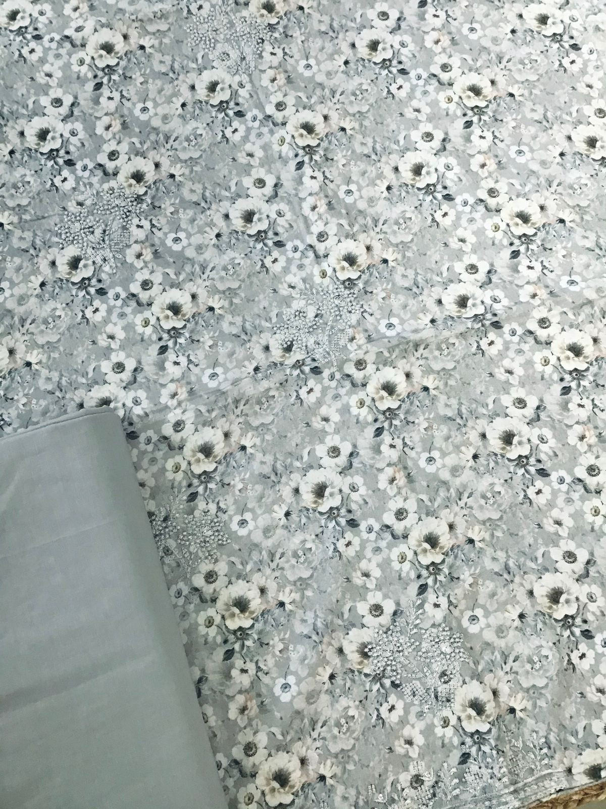 Pure Cotton Printed Embroidered Suit - Grey