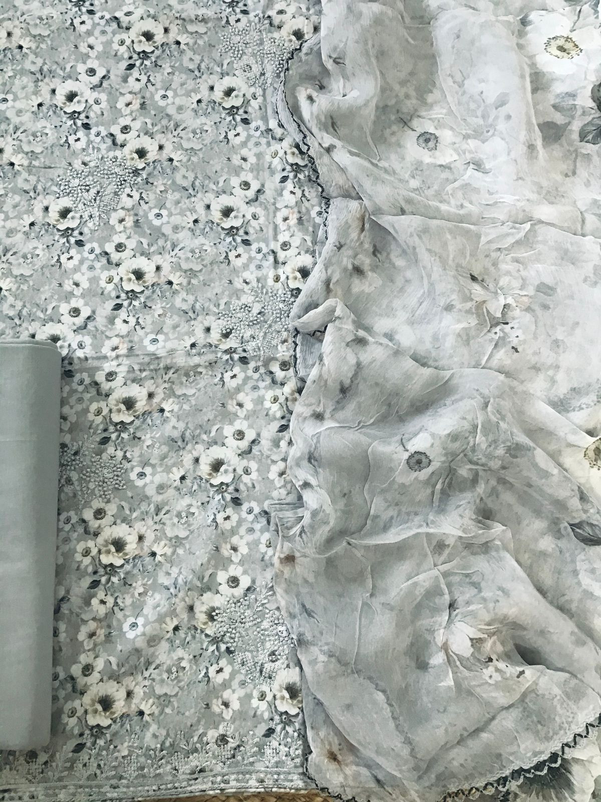 Pure Cotton Printed Embroidered Suit - Grey