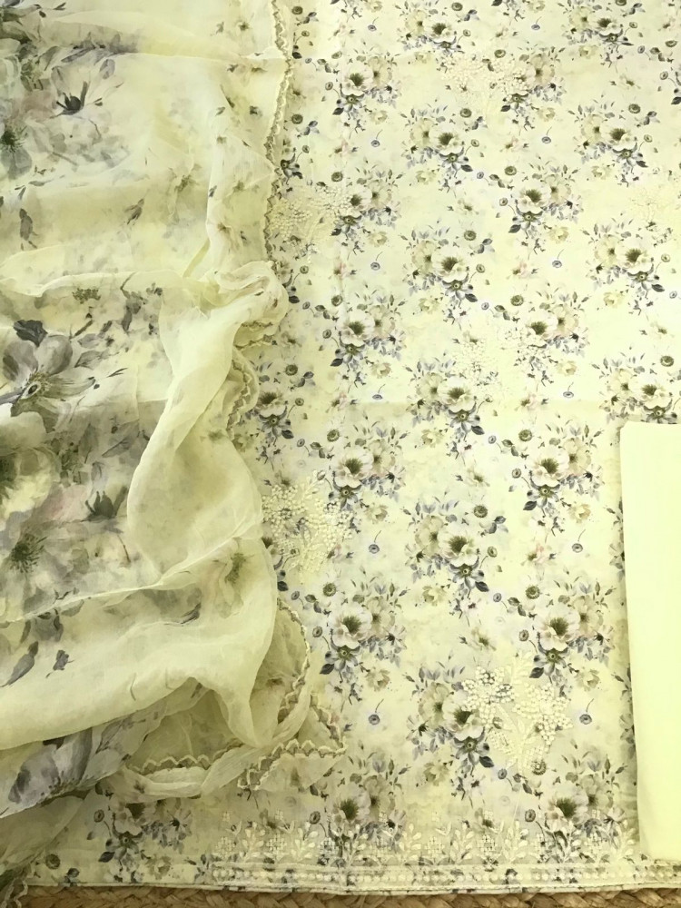 Image of Pure Cotton Printed Embroidered Suit - Yellow