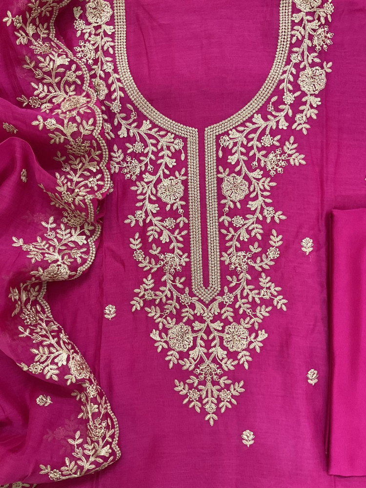 Image of Pure Mul Chanderi Embroidered Suit - Pink