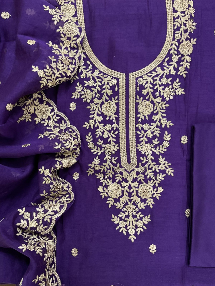 Image of Pure Mul Chanderi Embroidered Suit - Purple