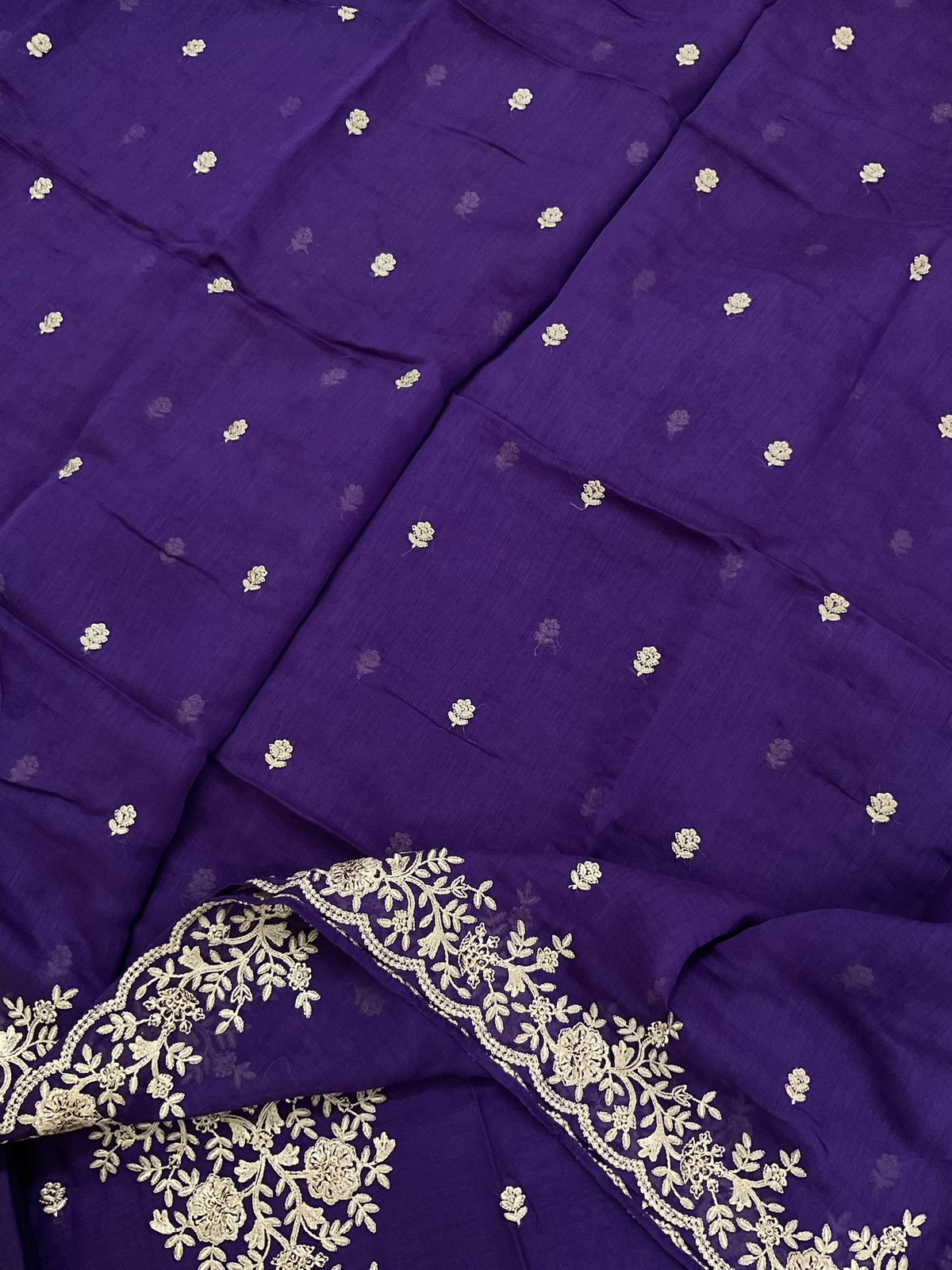 Pure Mul Chanderi Embroidered Suit - Purple