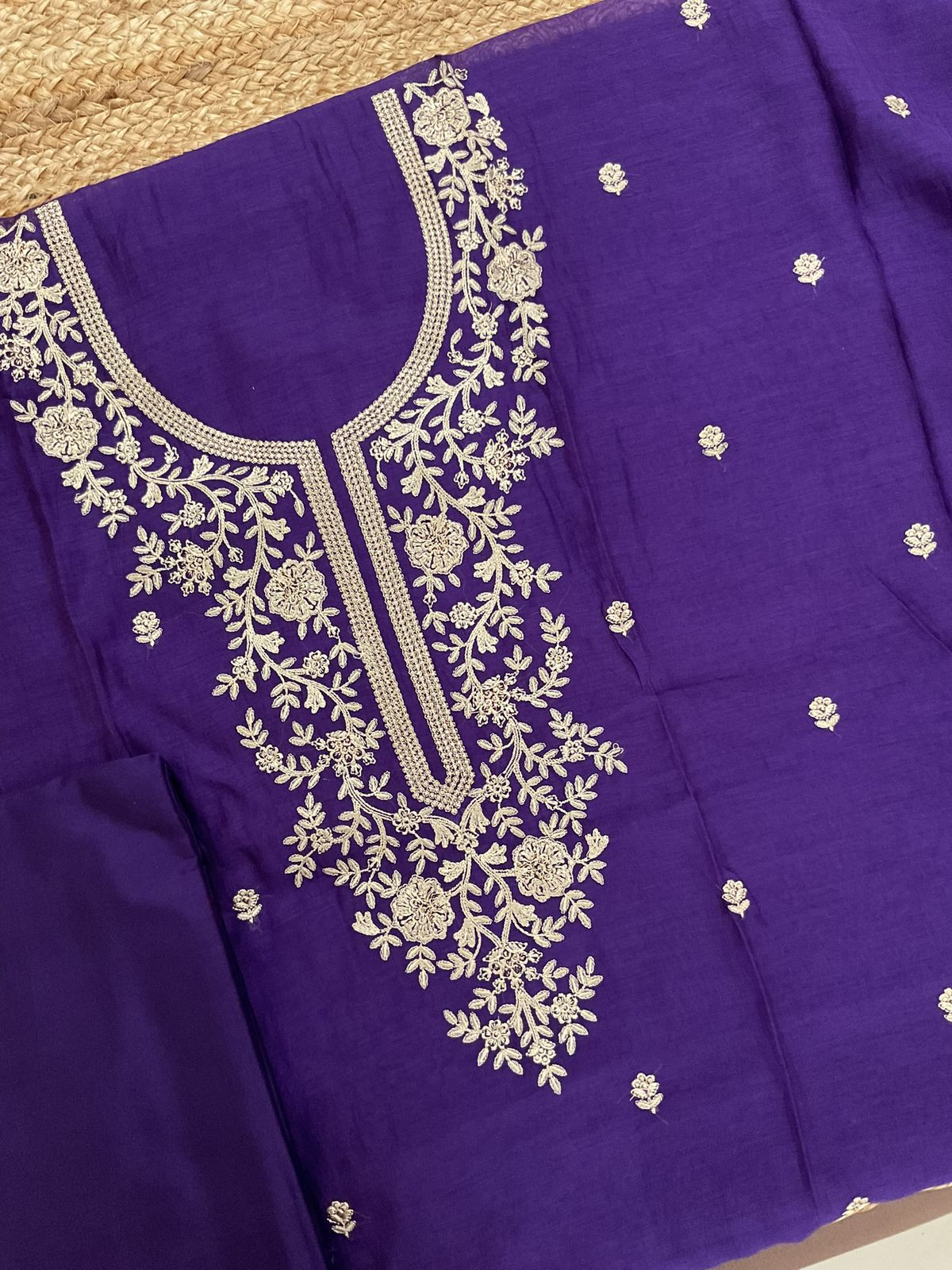Pure Mul Chanderi Embroidered Suit - Purple