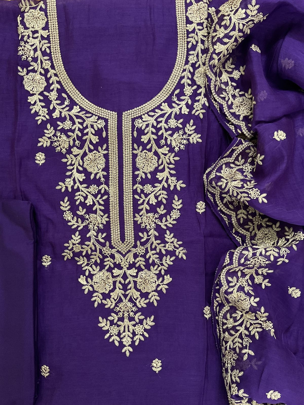 Pure Mul Chanderi Embroidered Suit - Purple