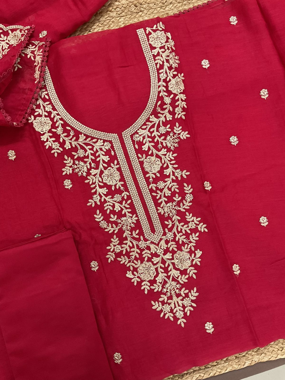 Pure Mul Chanderi Embroidered Suit - Red