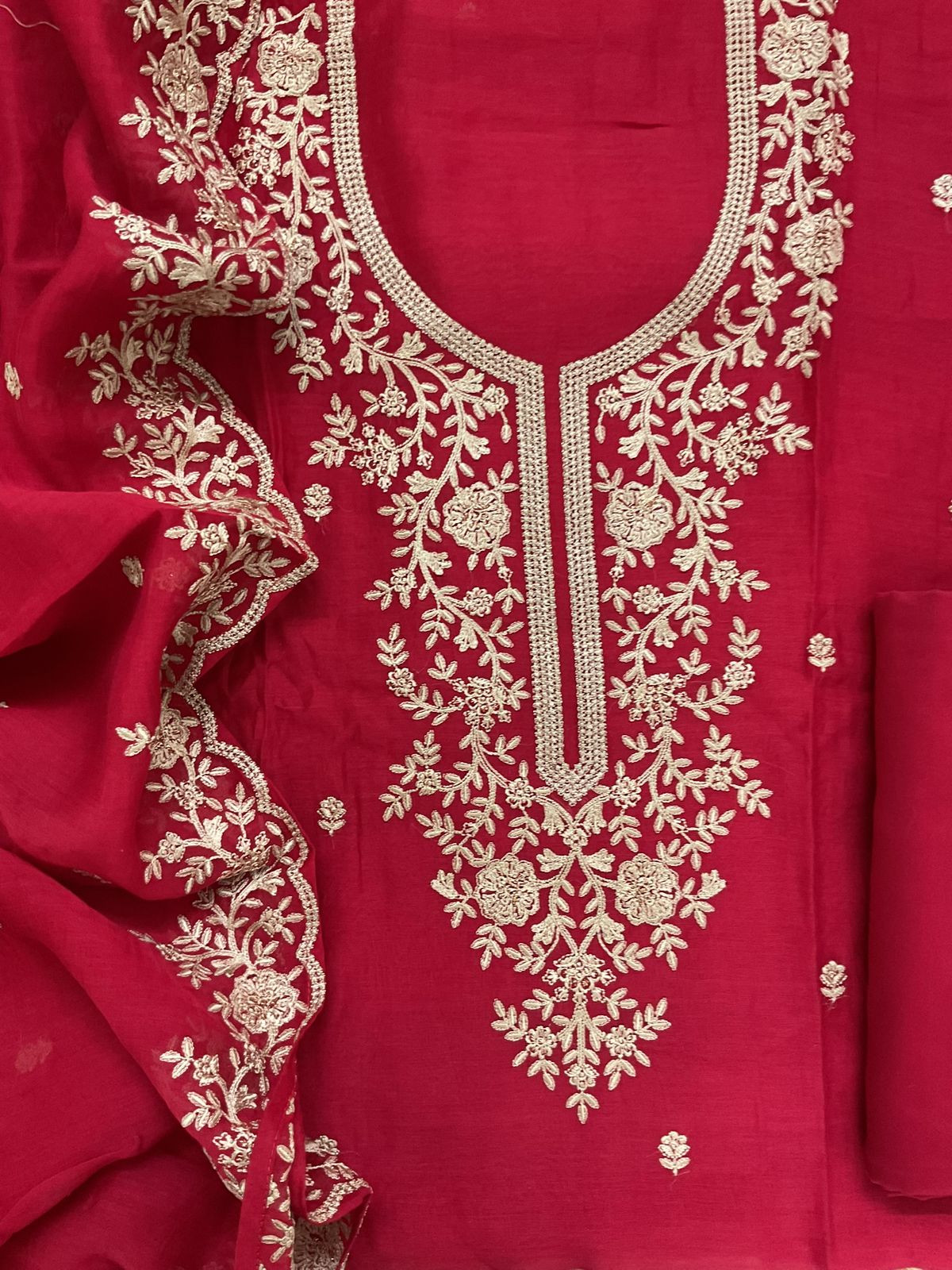 Pure Mul Chanderi Embroidered Suit - Red