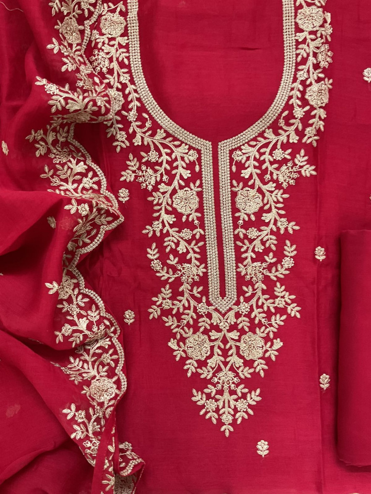 Image of Pure Mul Chanderi Embroidered Suit - Red