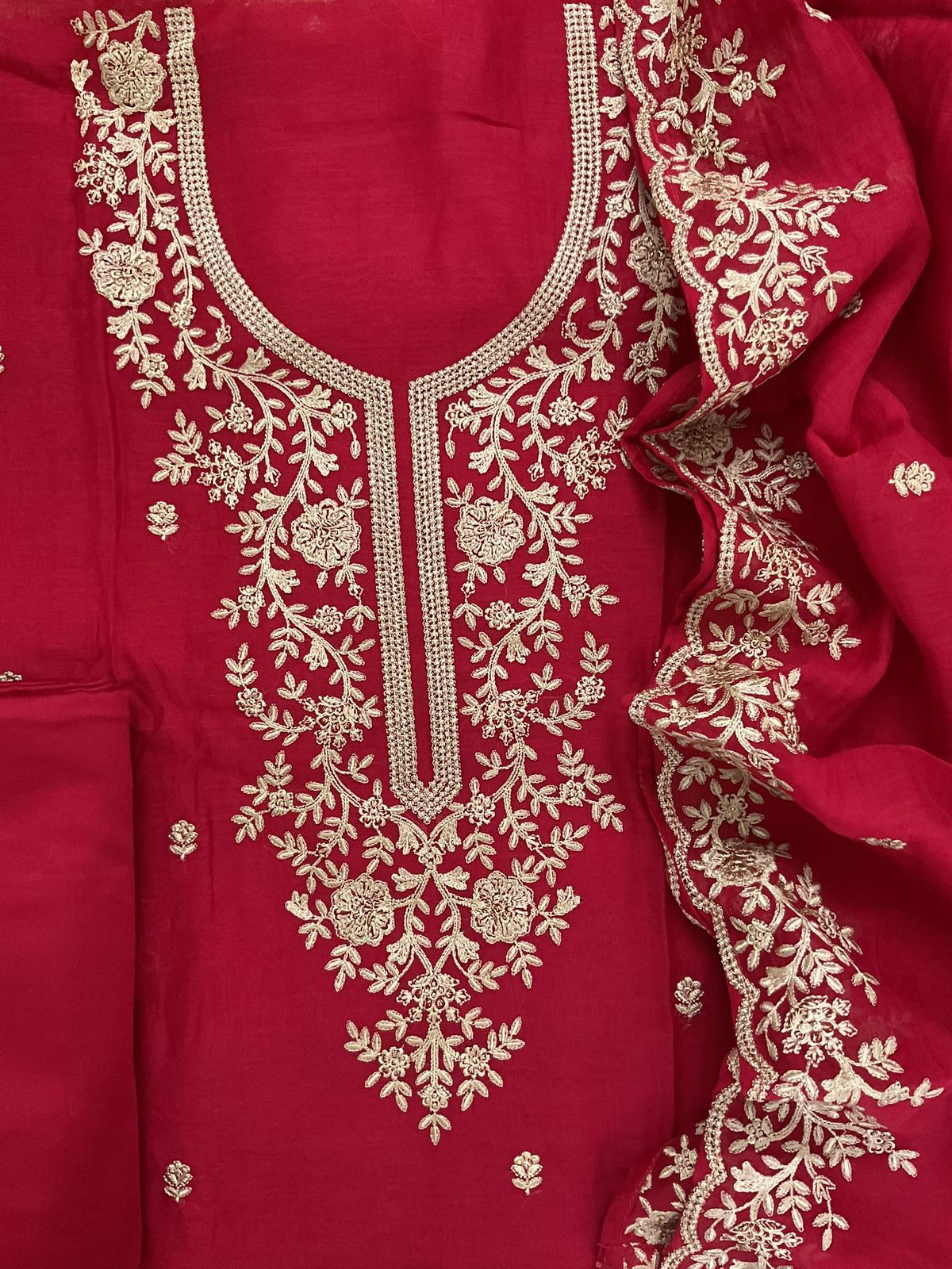 Pure Mul Chanderi Embroidered Suit - Red