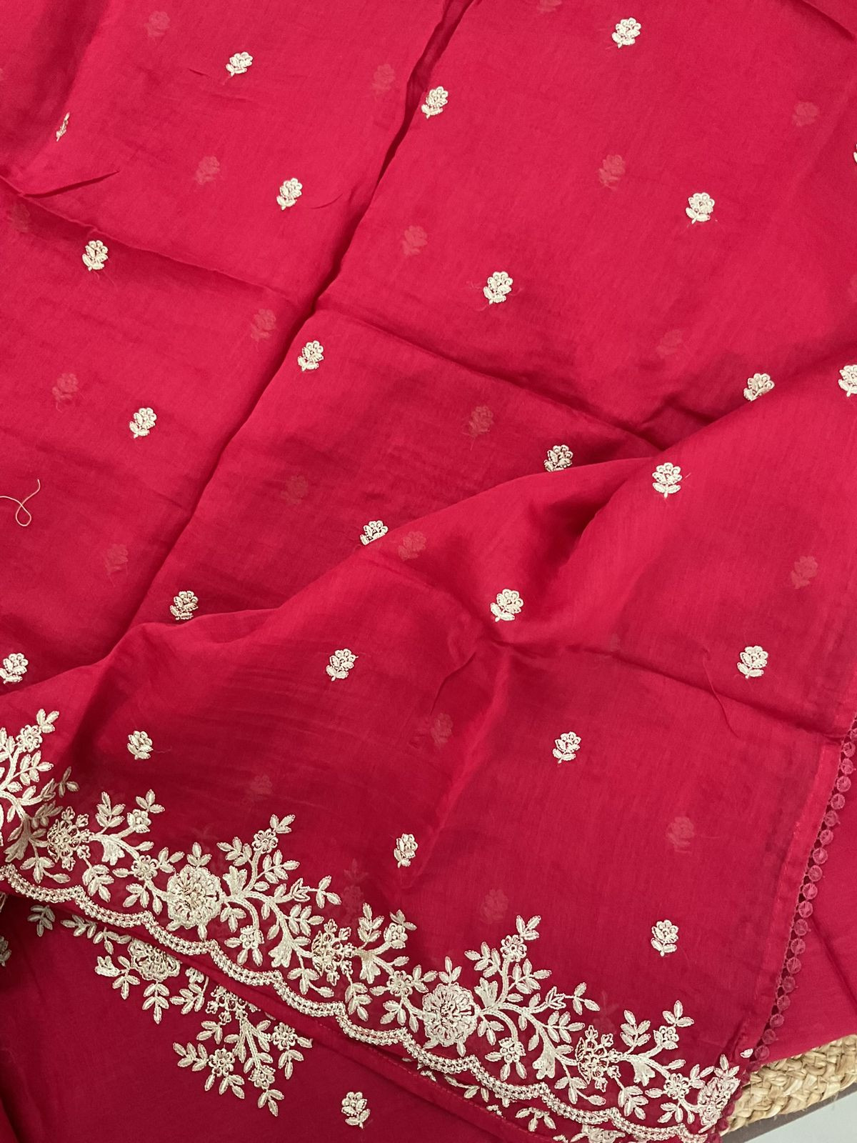 Pure Mul Chanderi Embroidered Suit - Red