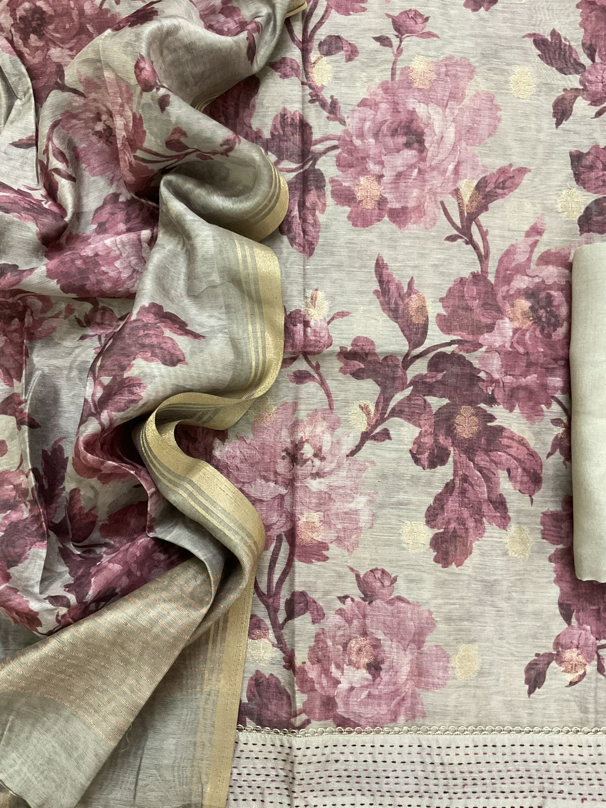 Soft Semi Raw Silk Printed Embroidered Border Banarasi Weaved Suit - Greyish Beige