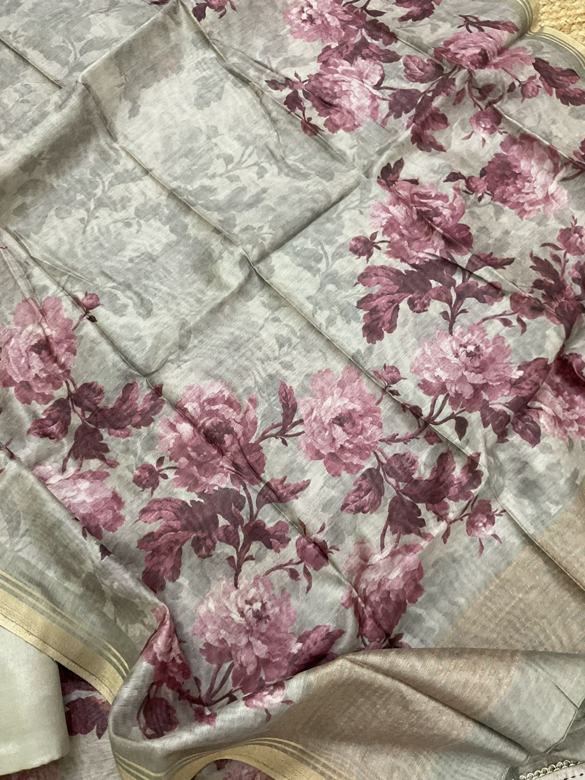 Soft Semi Raw Silk Printed Embroidered Border Banarasi Weaved Suit - Greyish Beige