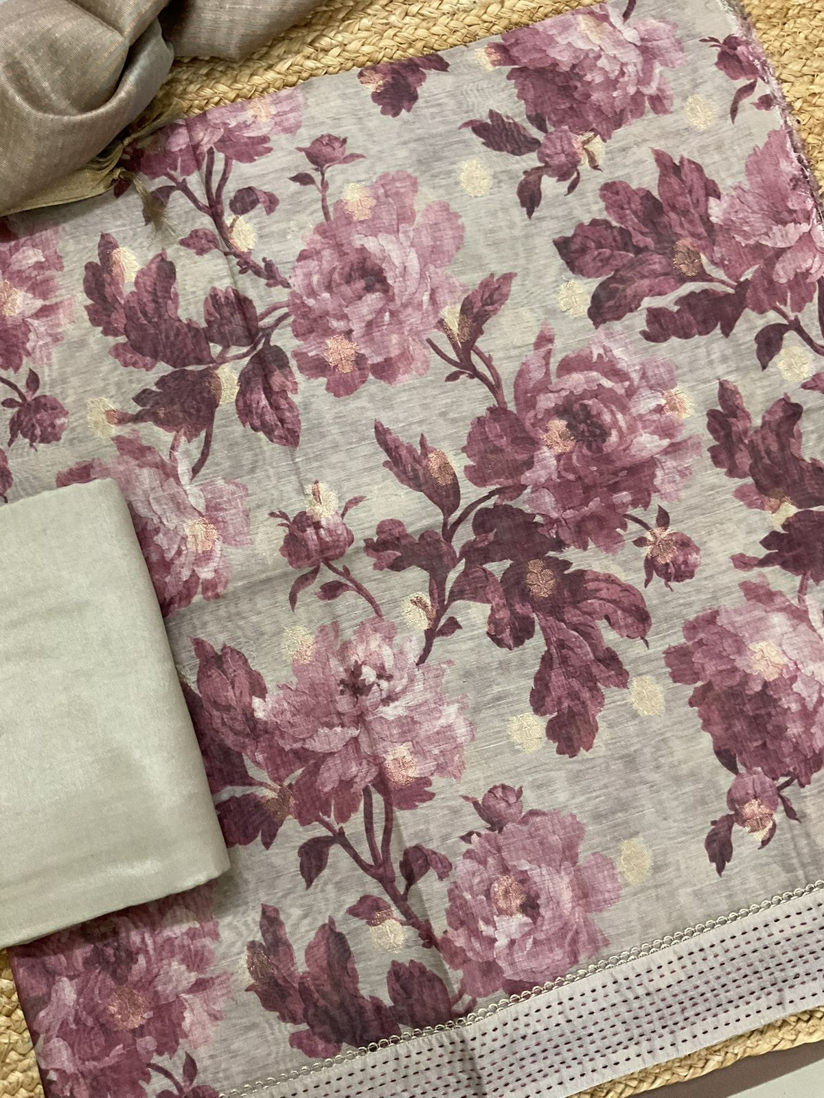 Soft Semi Raw Silk Printed Embroidered Border Banarasi Weaved Suit - Greyish Beige