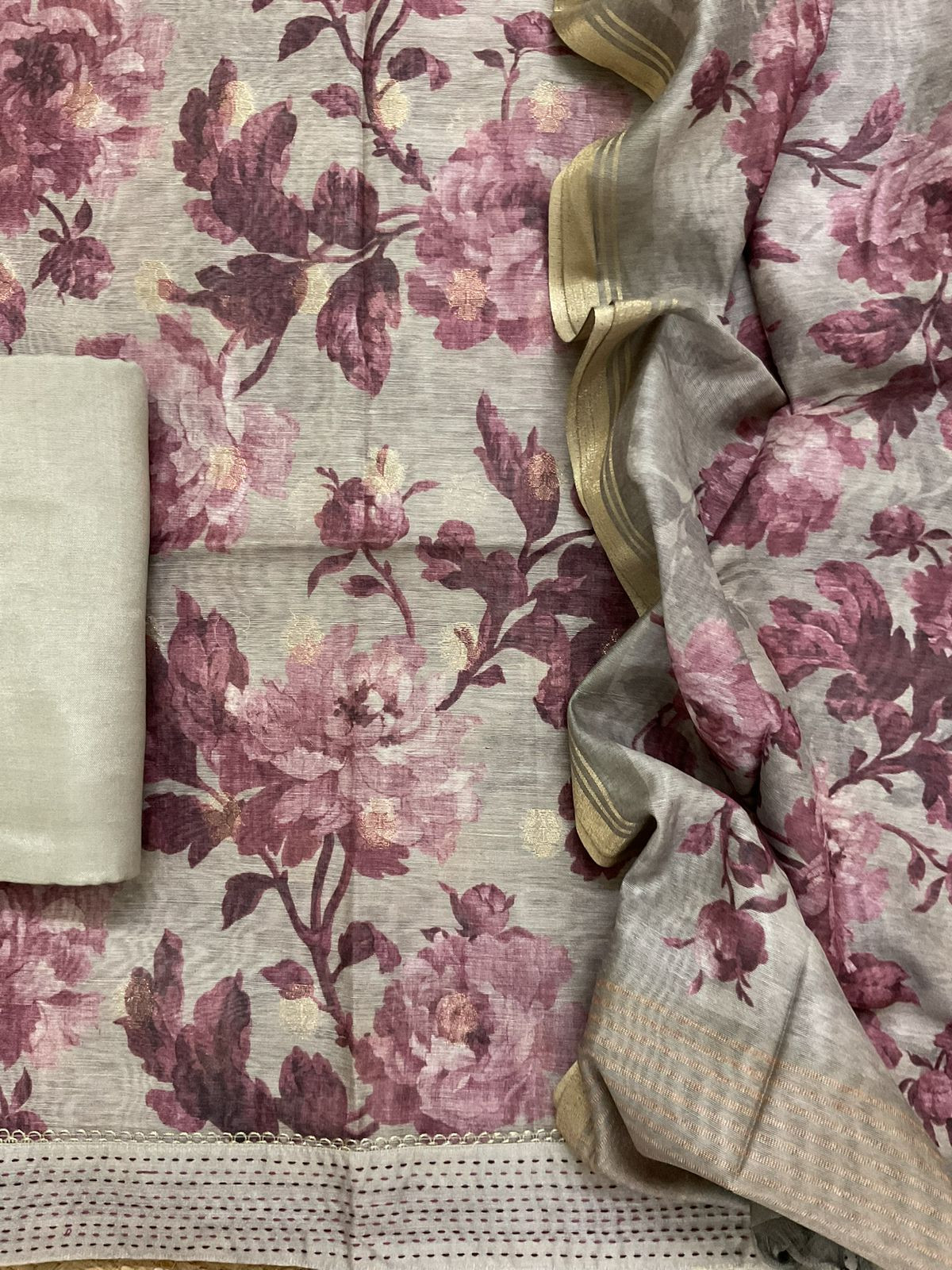 Soft Semi Raw Silk Printed Embroidered Border Banarasi Weaved Suit - Greyish Beige