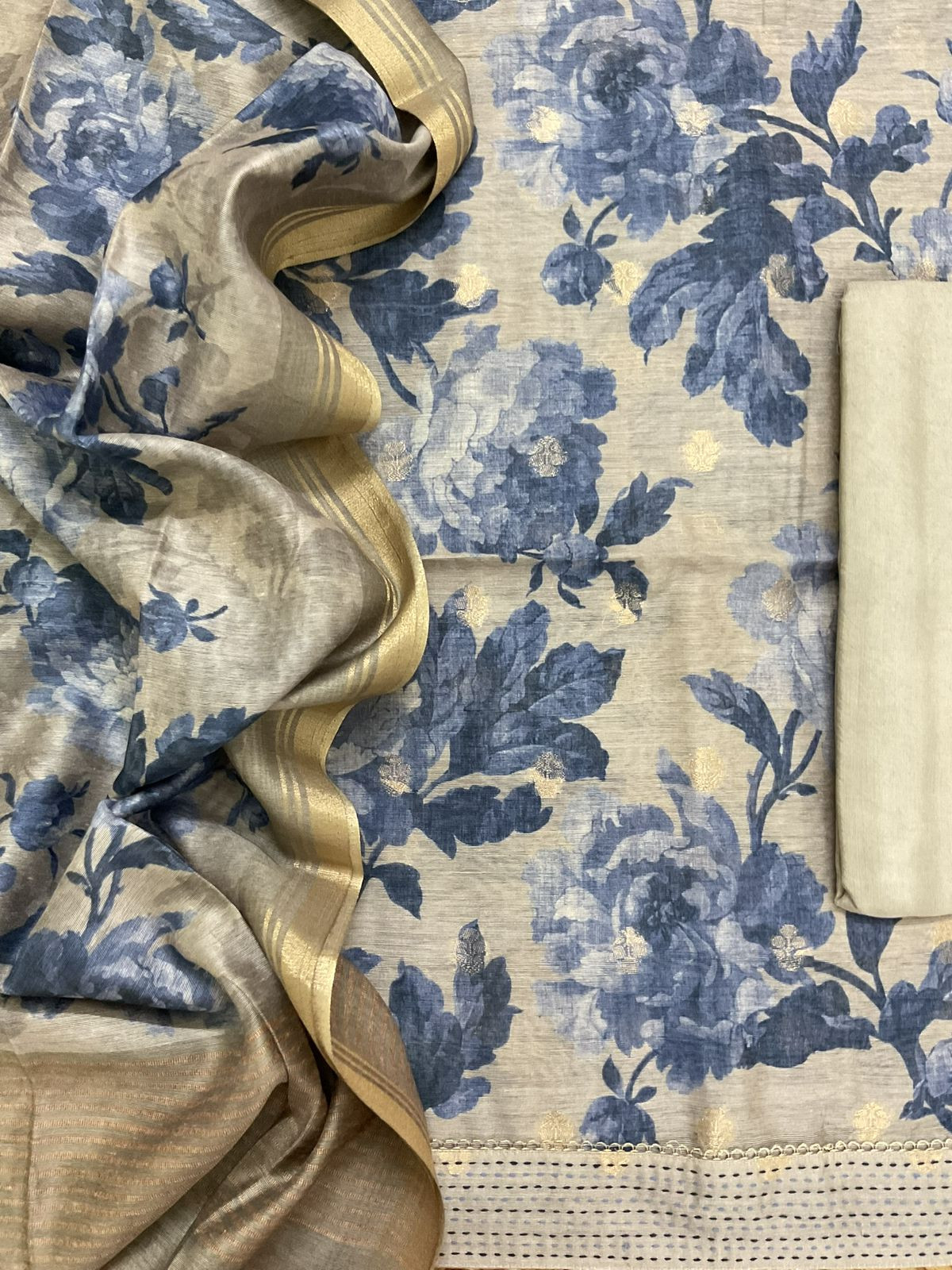 Soft Semi Raw Silk Printed Embroidered Border Banarasi Weaved Suit - Greyish Beige