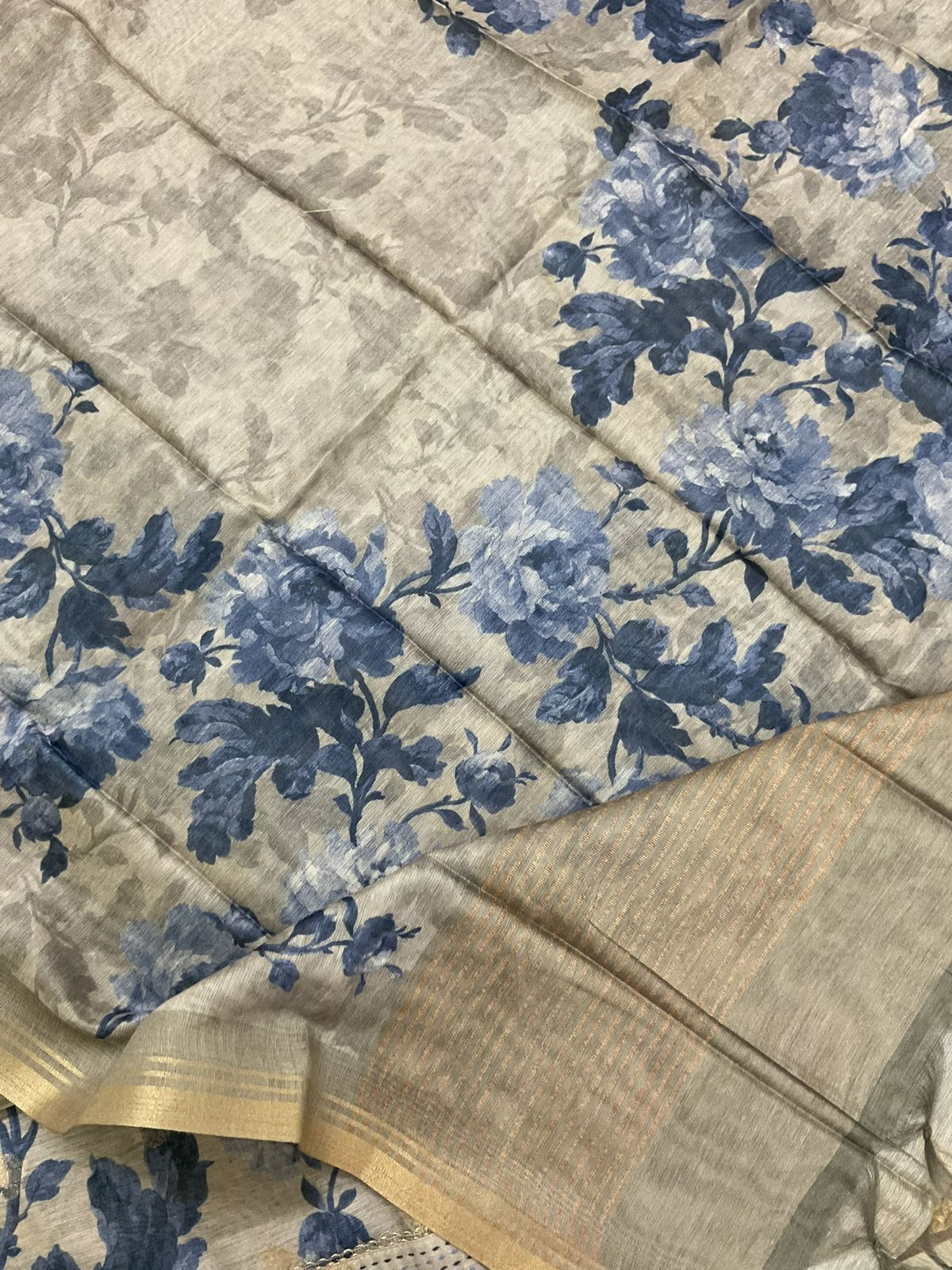 Soft Semi Raw Silk Printed Embroidered Border Banarasi Weaved Suit - Greyish Beige