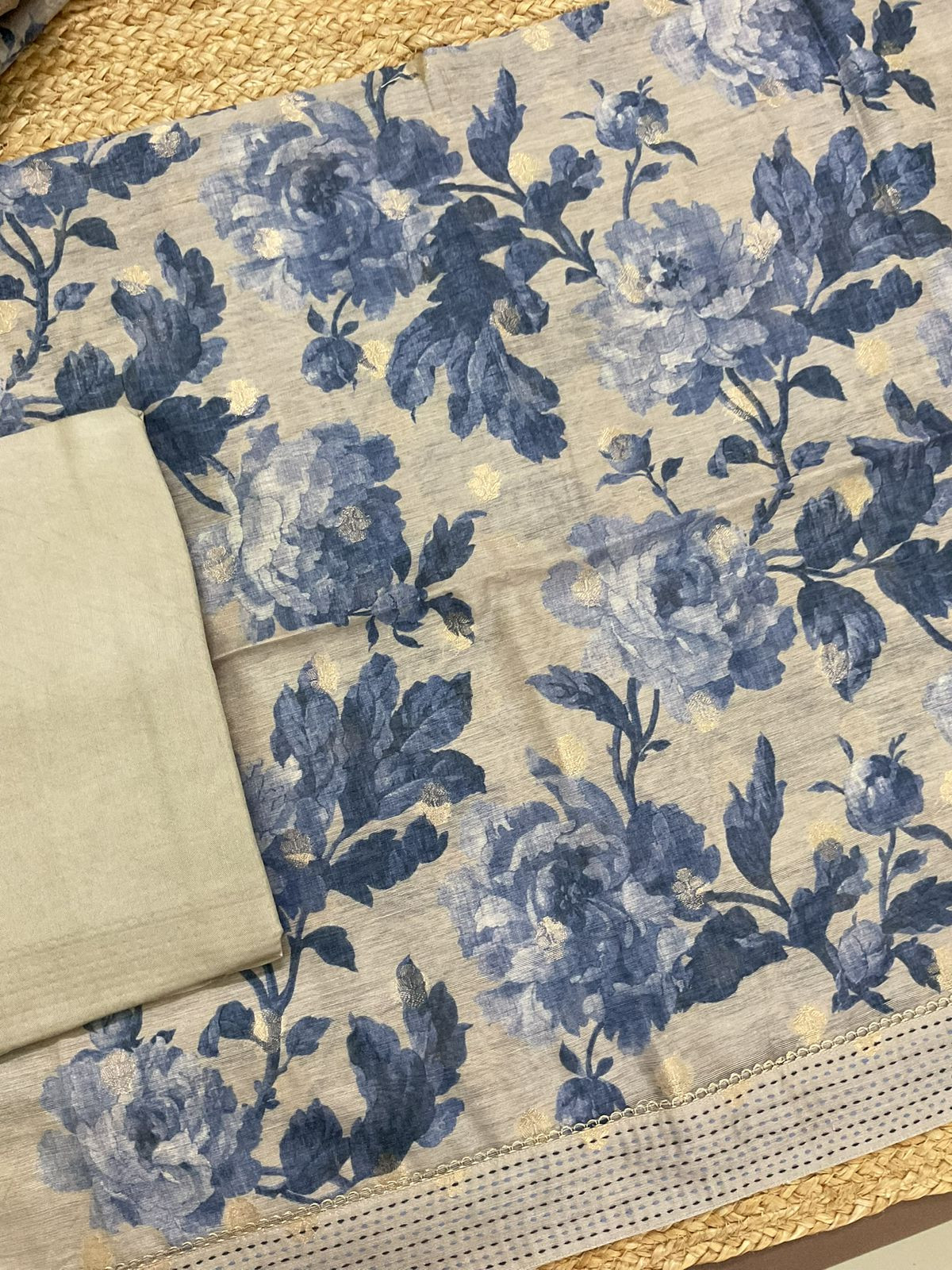 Soft Semi Raw Silk Printed Embroidered Border Banarasi Weaved Suit - Greyish Beige