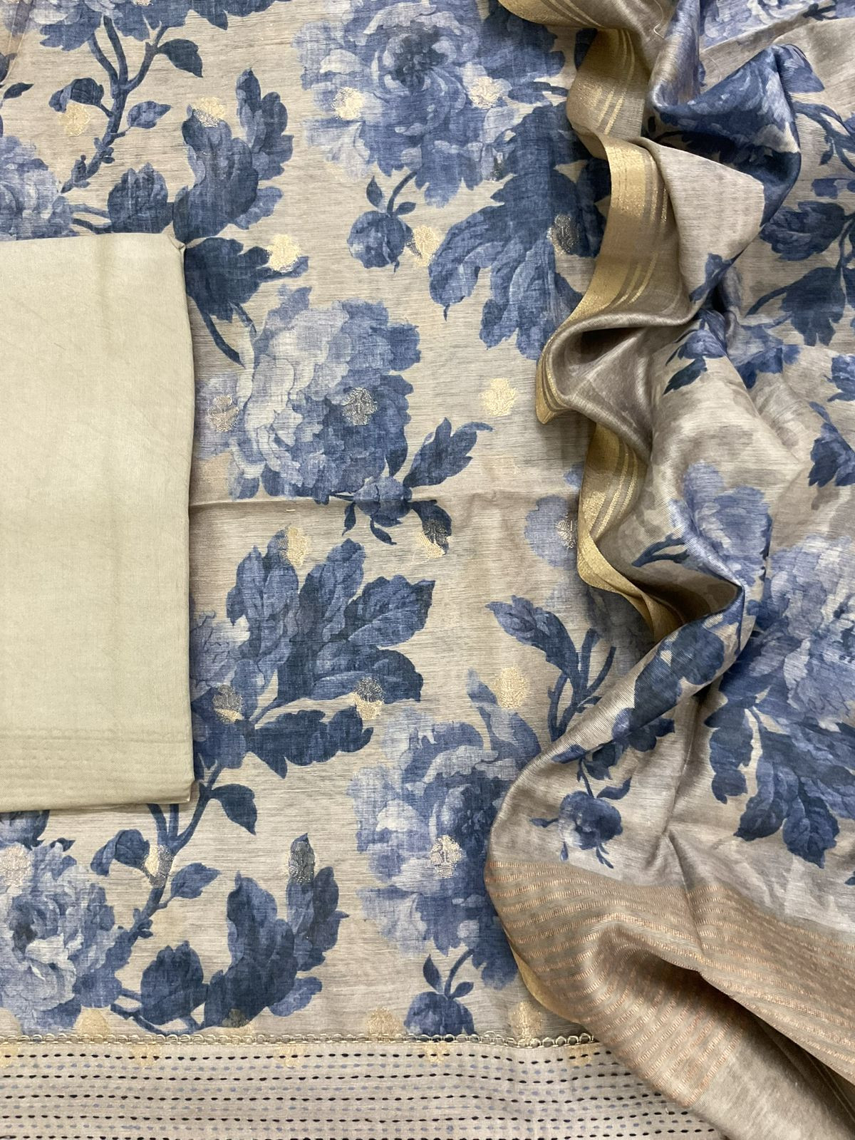 Soft Semi Raw Silk Printed Embroidered Border Banarasi Weaved Suit - Greyish Beige