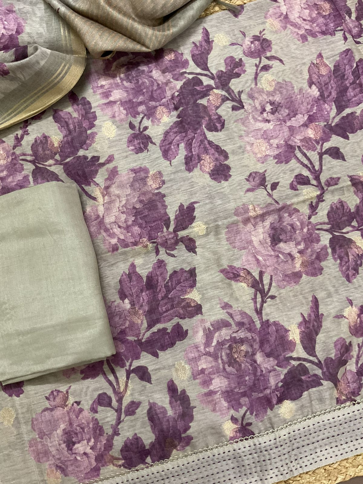 Soft Semi Raw Silk Printed Embroidered Border Banarasi Weaved Suit - Greyish Beige