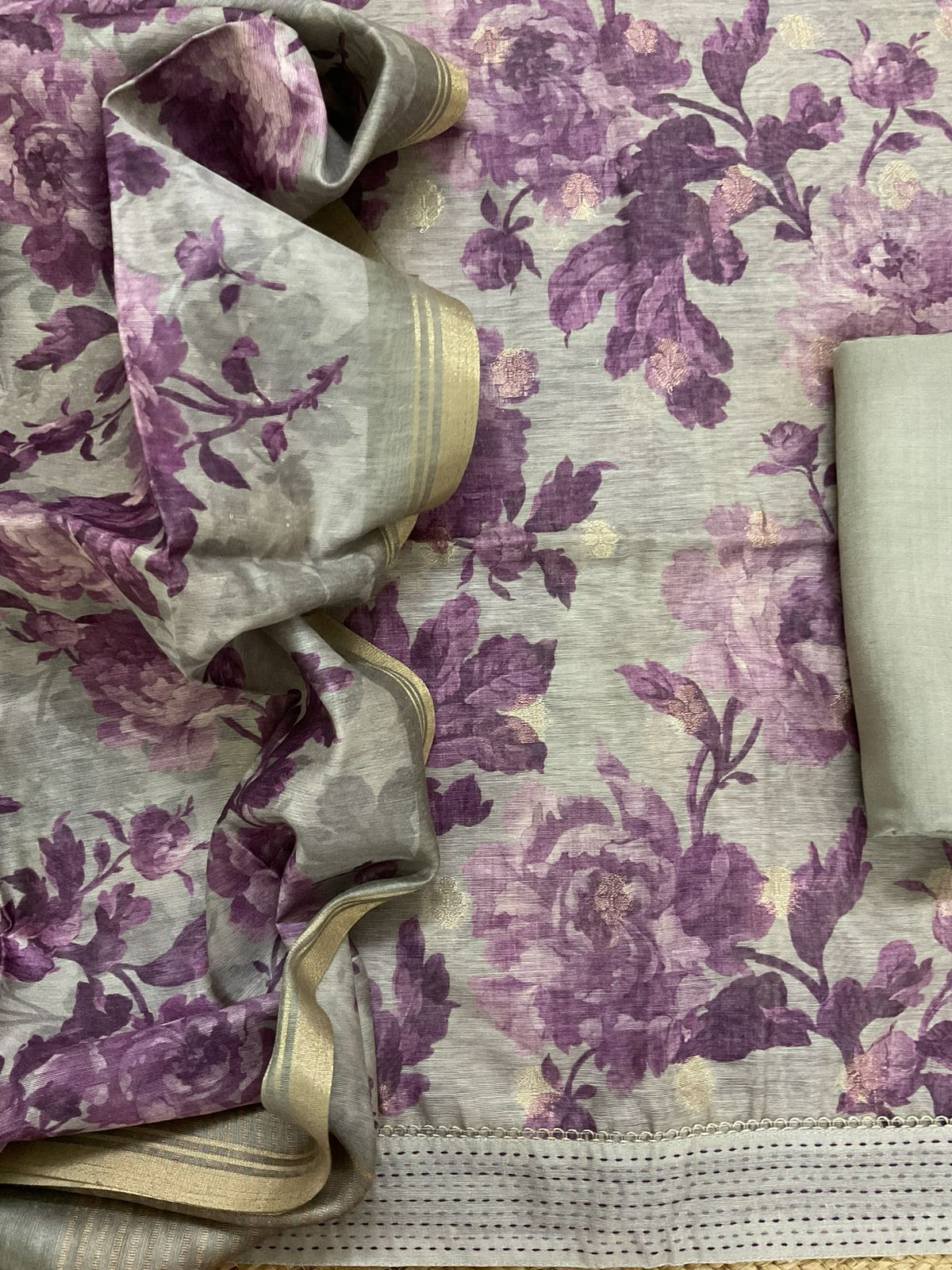 Soft Semi Raw Silk Printed Embroidered Border Banarasi Weaved Suit - Greyish Beige