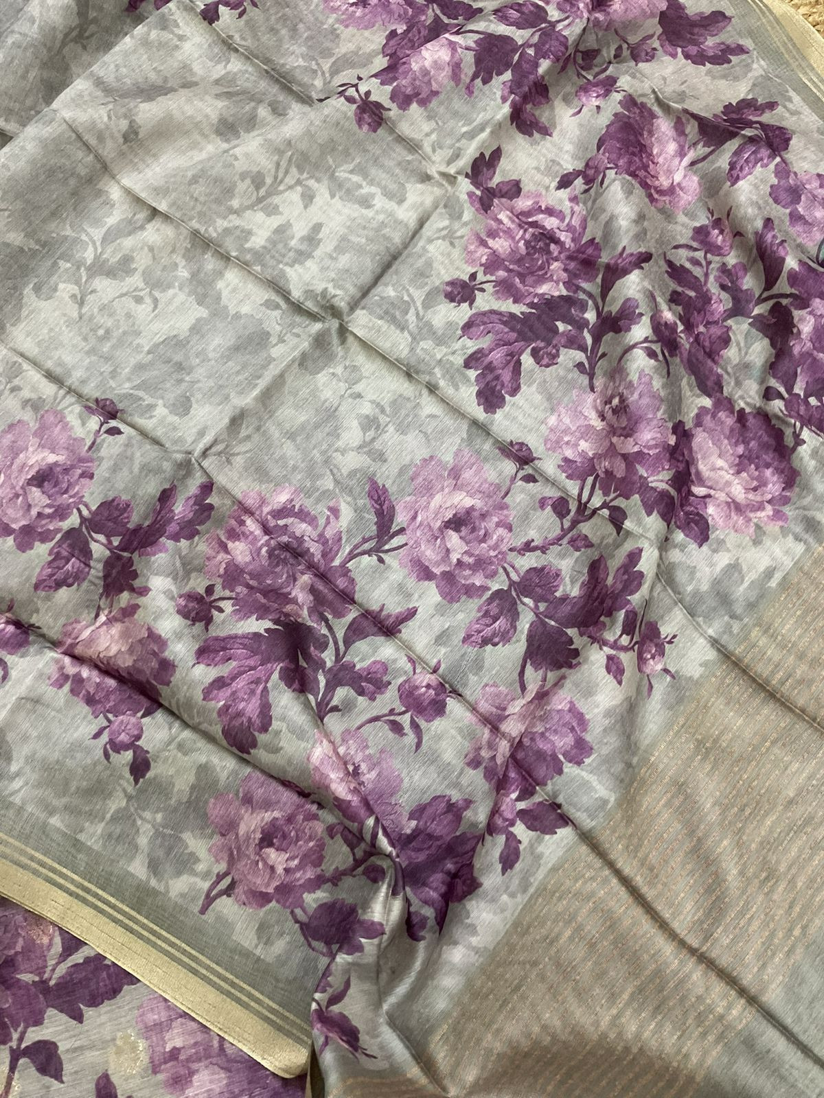 Soft Semi Raw Silk Printed Embroidered Border Banarasi Weaved Suit - Greyish Beige