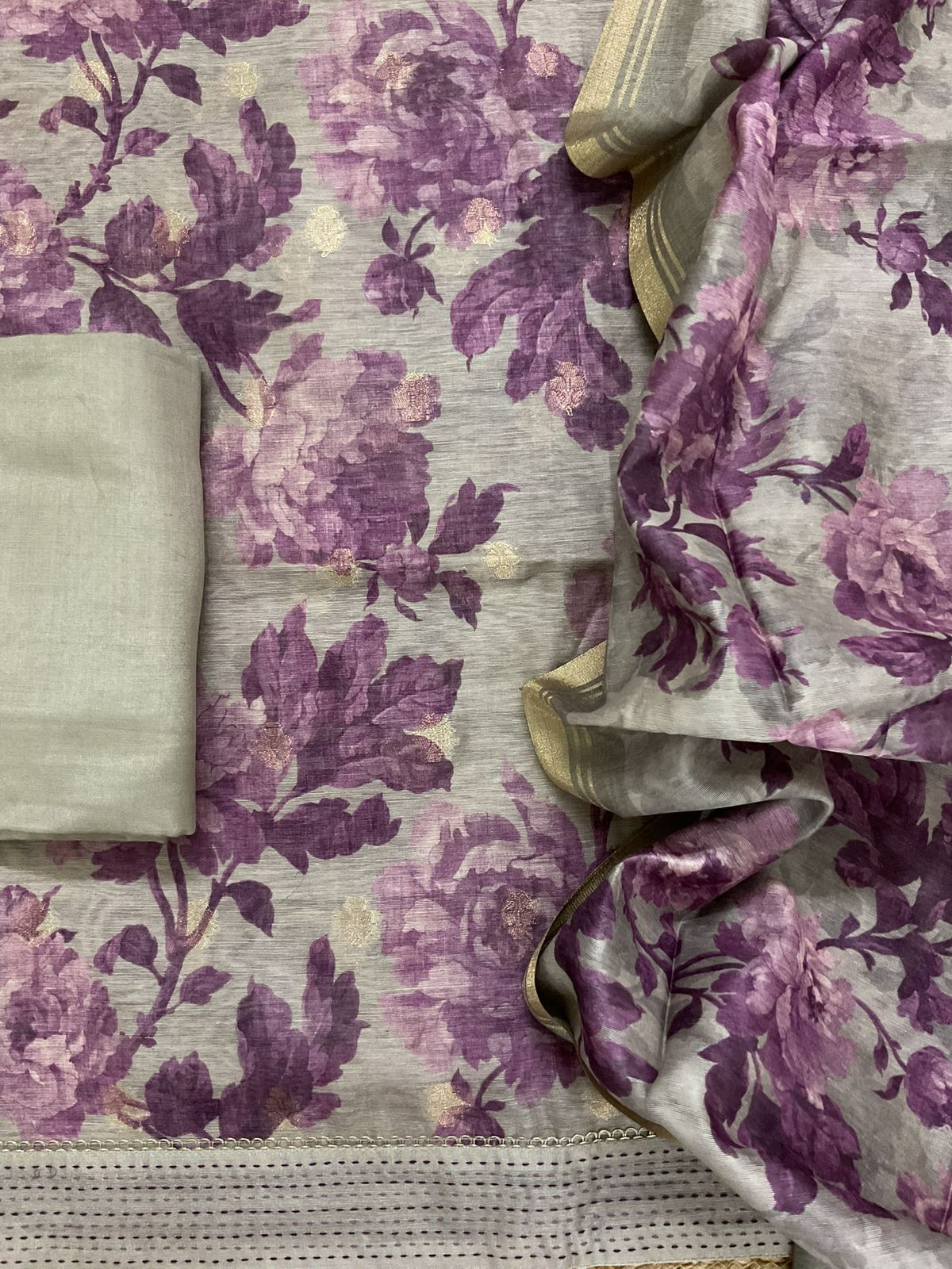 Soft Semi Raw Silk Printed Embroidered Border Banarasi Weaved Suit - Greyish Beige