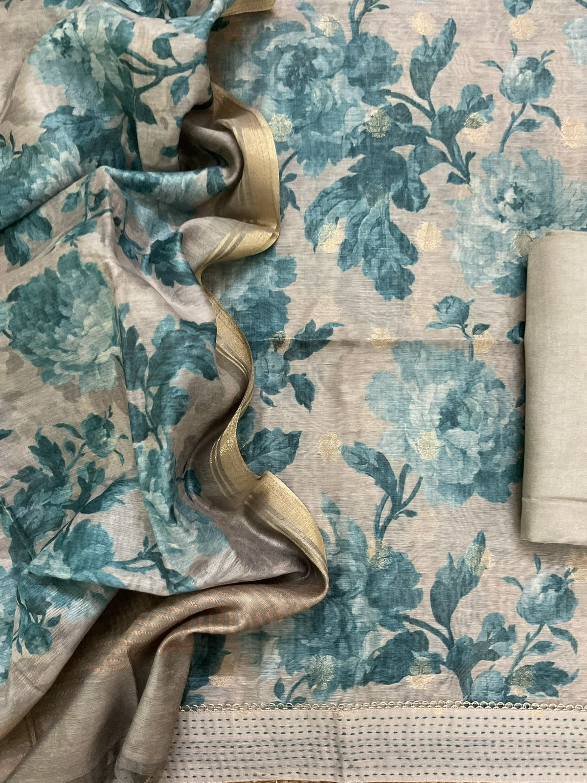 Soft Semi Raw Silk Printed Embroidered Border Banarasi Weaved Suit - Greyish Beige