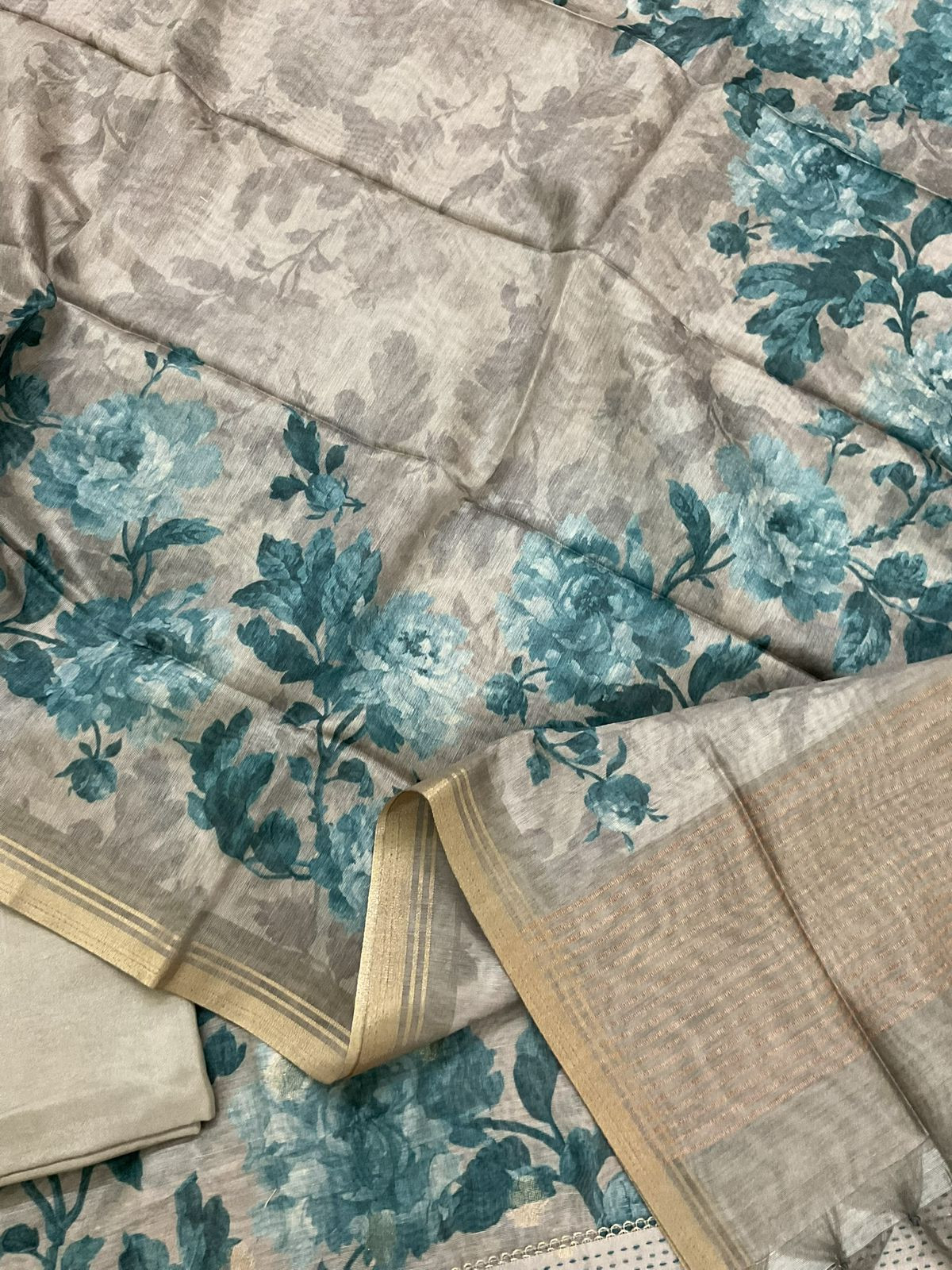 Soft Semi Raw Silk Printed Embroidered Border Banarasi Weaved Suit - Greyish Beige