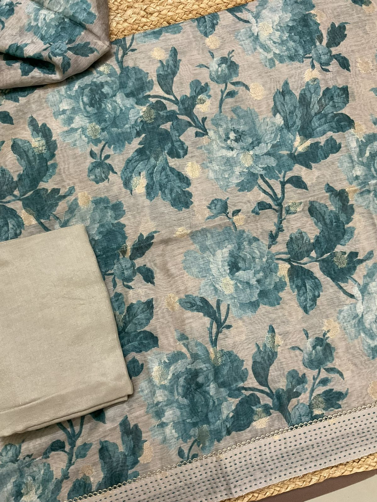 Soft Semi Raw Silk Printed Embroidered Border Banarasi Weaved Suit - Greyish Beige