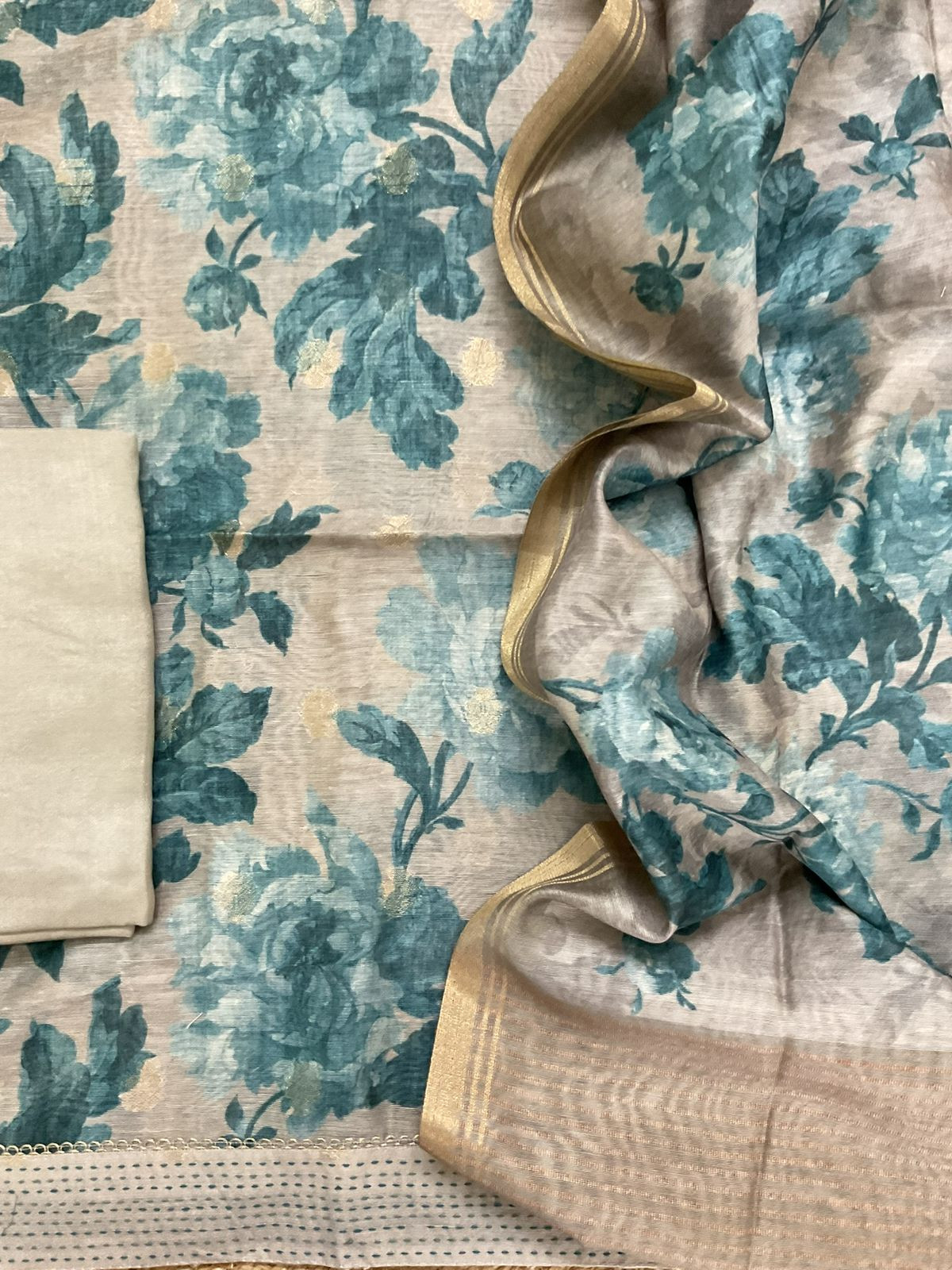 Soft Semi Raw Silk Printed Embroidered Border Banarasi Weaved Suit - Greyish Beige