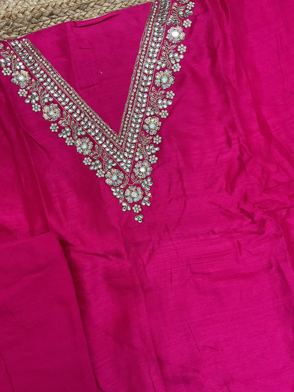 Soft Fine Raw Silk Embroidered Banarasi Weaved Suit - Pink