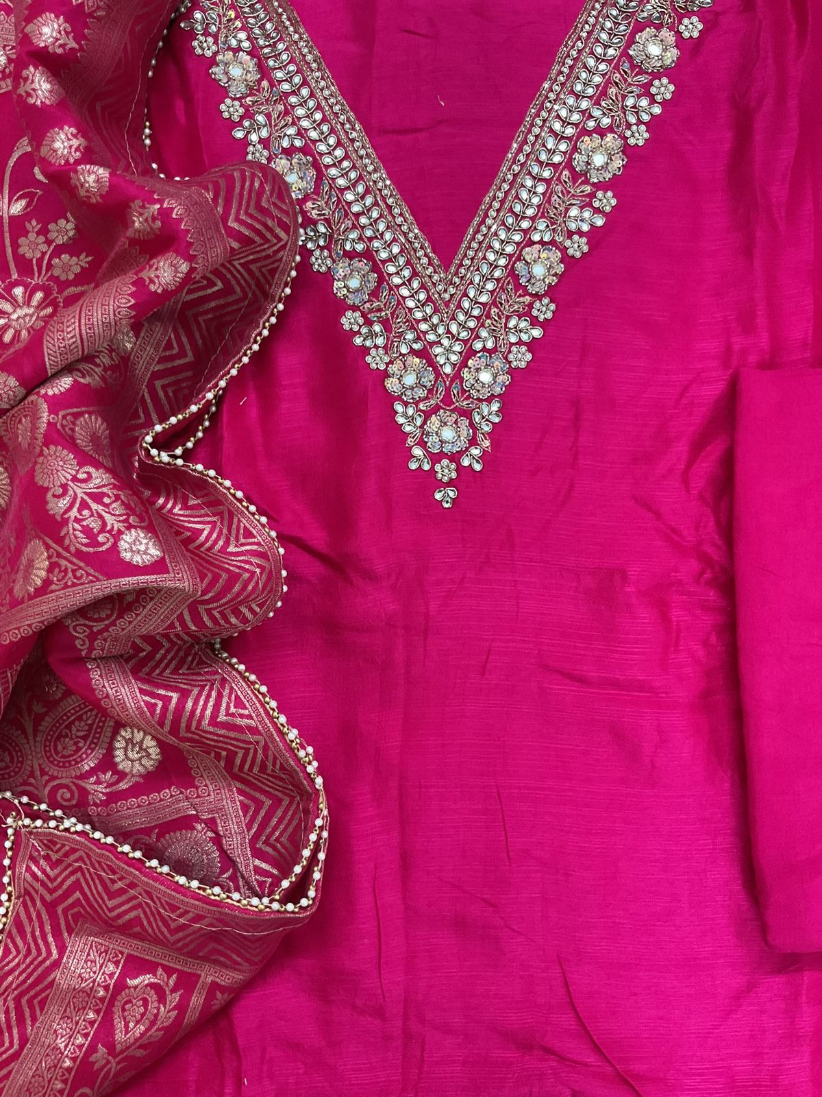 Soft Fine Raw Silk Embroidered Banarasi Weaved Suit - Pink