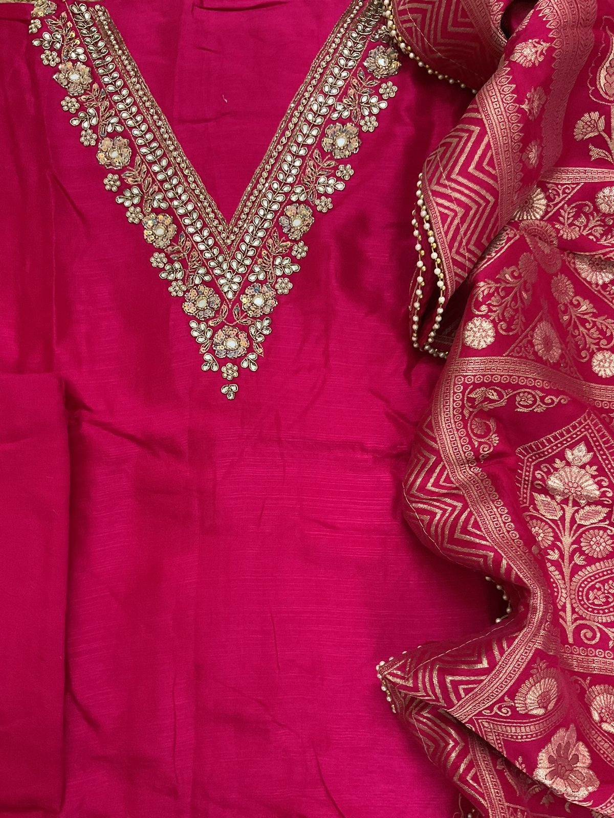 Soft Fine Raw Silk Embroidered Banarasi Weaved Suit - Pink