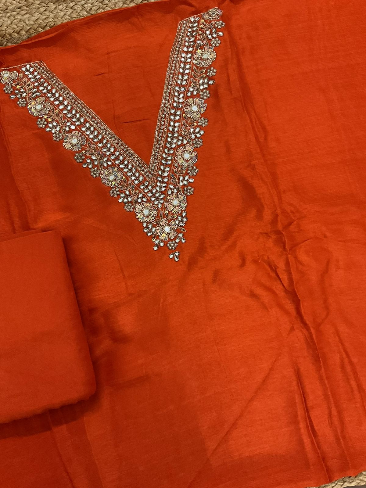 Soft Fine Raw Silk Embroidered Banarasi Weaved Suit - Orange