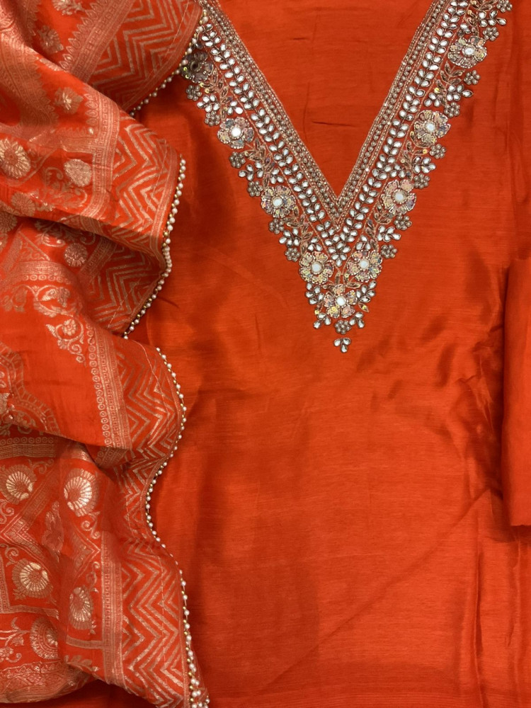 Image of Soft Fine Raw Silk Embroidered Banarasi Weaved Suit - Orange