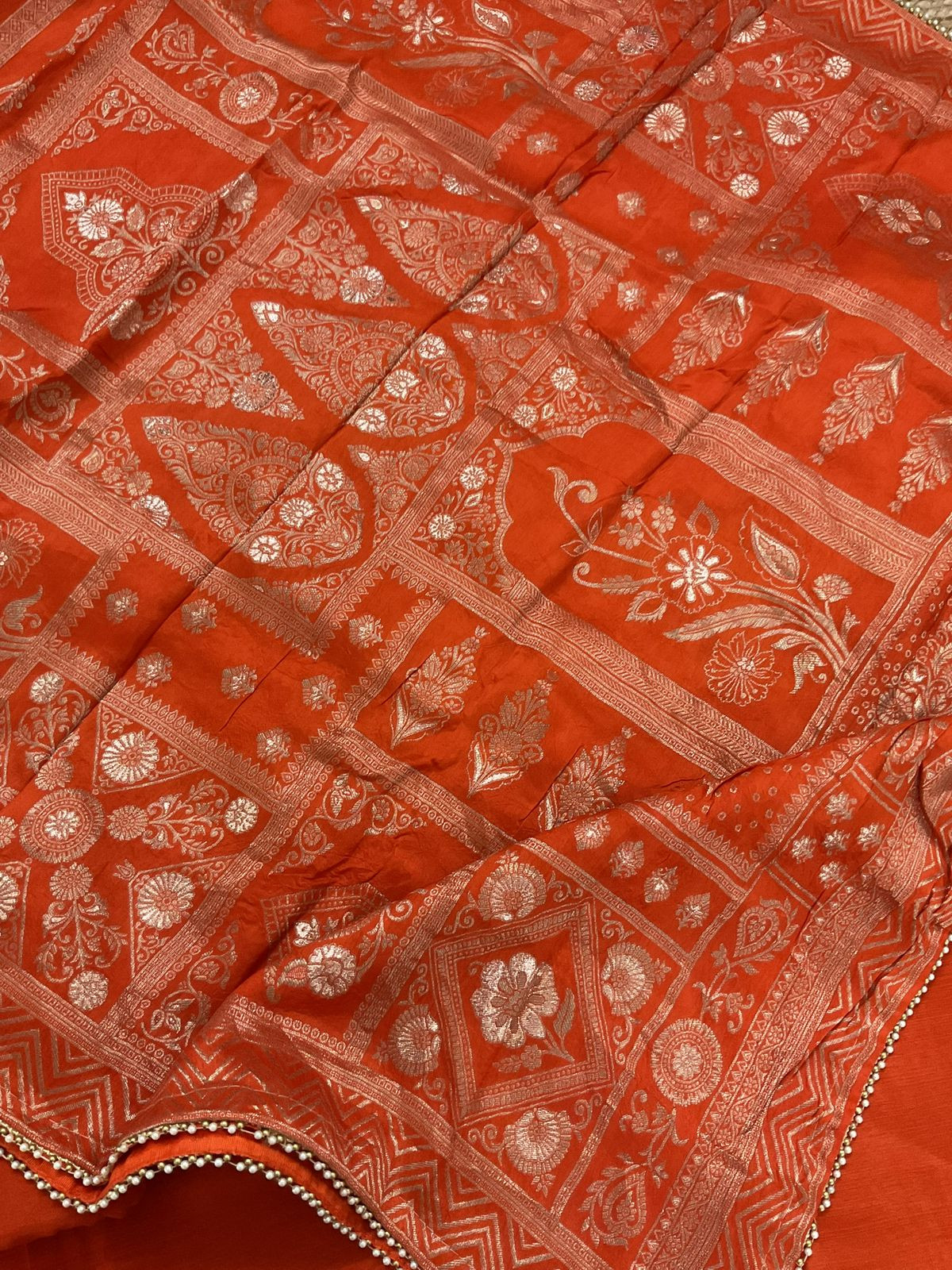 Soft Fine Raw Silk Embroidered Banarasi Weaved Suit - Orange
