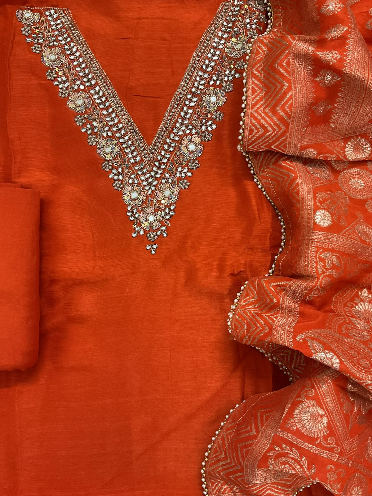 Soft Fine Raw Silk Embroidered Banarasi Weaved Suit - Orange