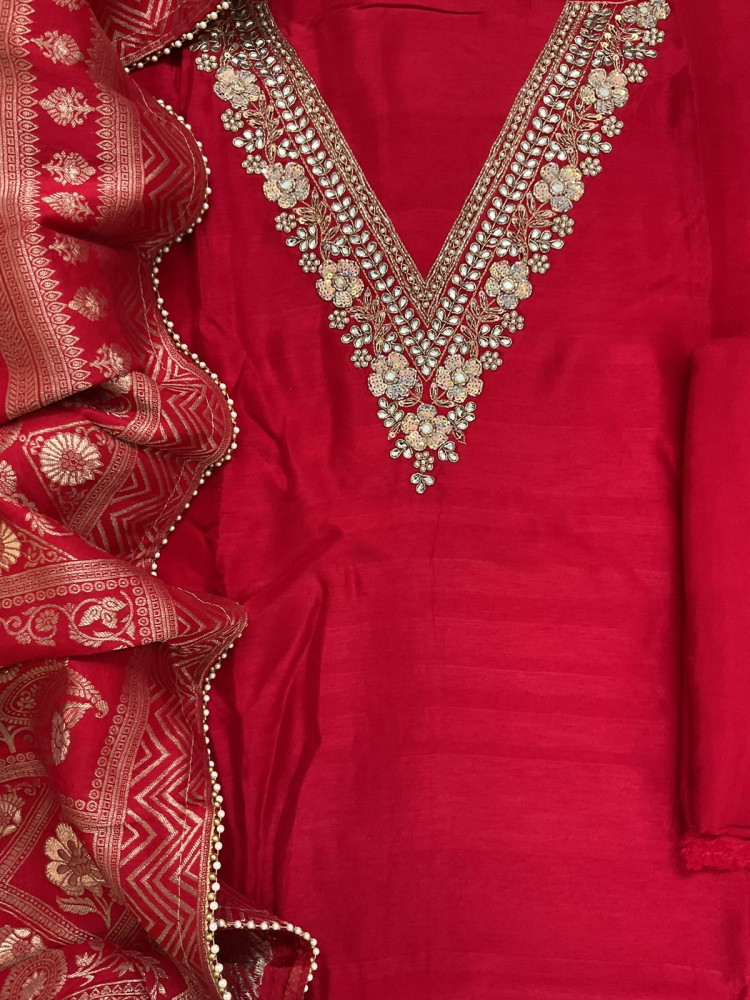 Image of Soft Fine Raw Silk Embroidered Banarasi Weaved Suit - Red