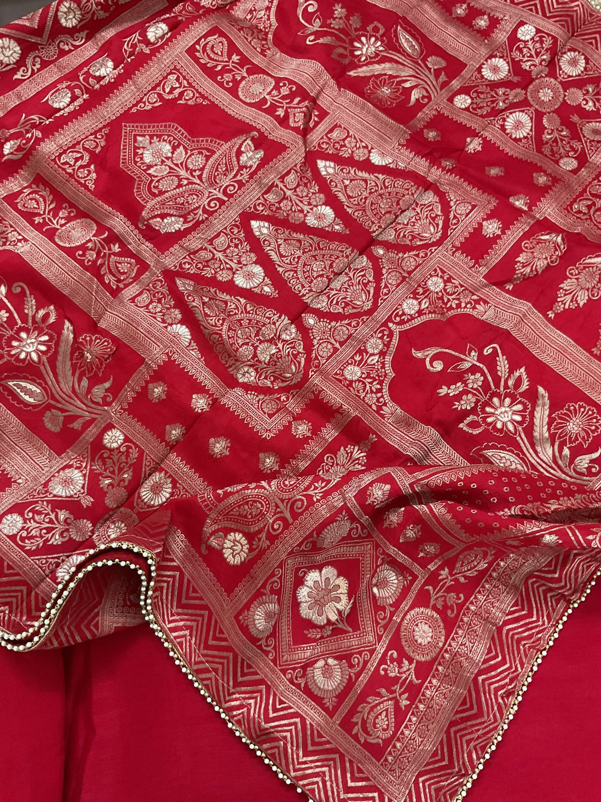Soft Fine Raw Silk Embroidered Banarasi Weaved Suit - Red