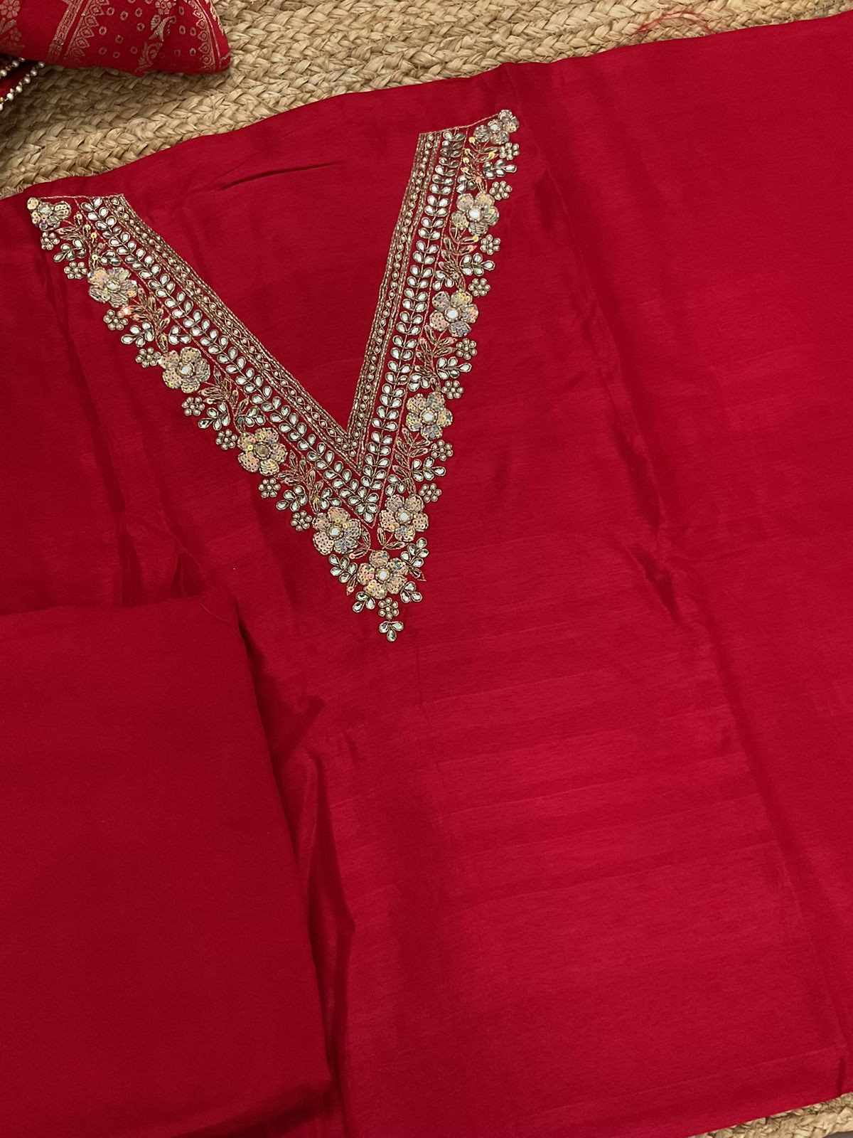 Soft Fine Raw Silk Embroidered Banarasi Weaved Suit - Red