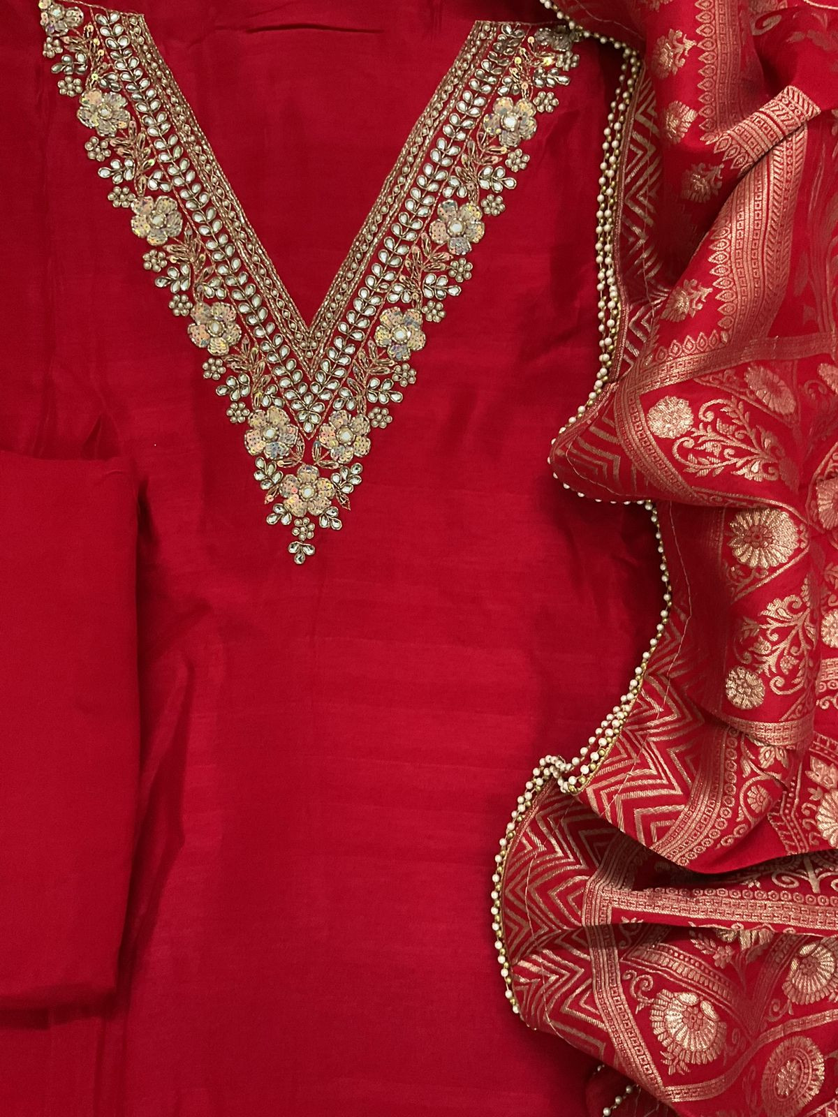 Soft Fine Raw Silk Embroidered Banarasi Weaved Suit - Red