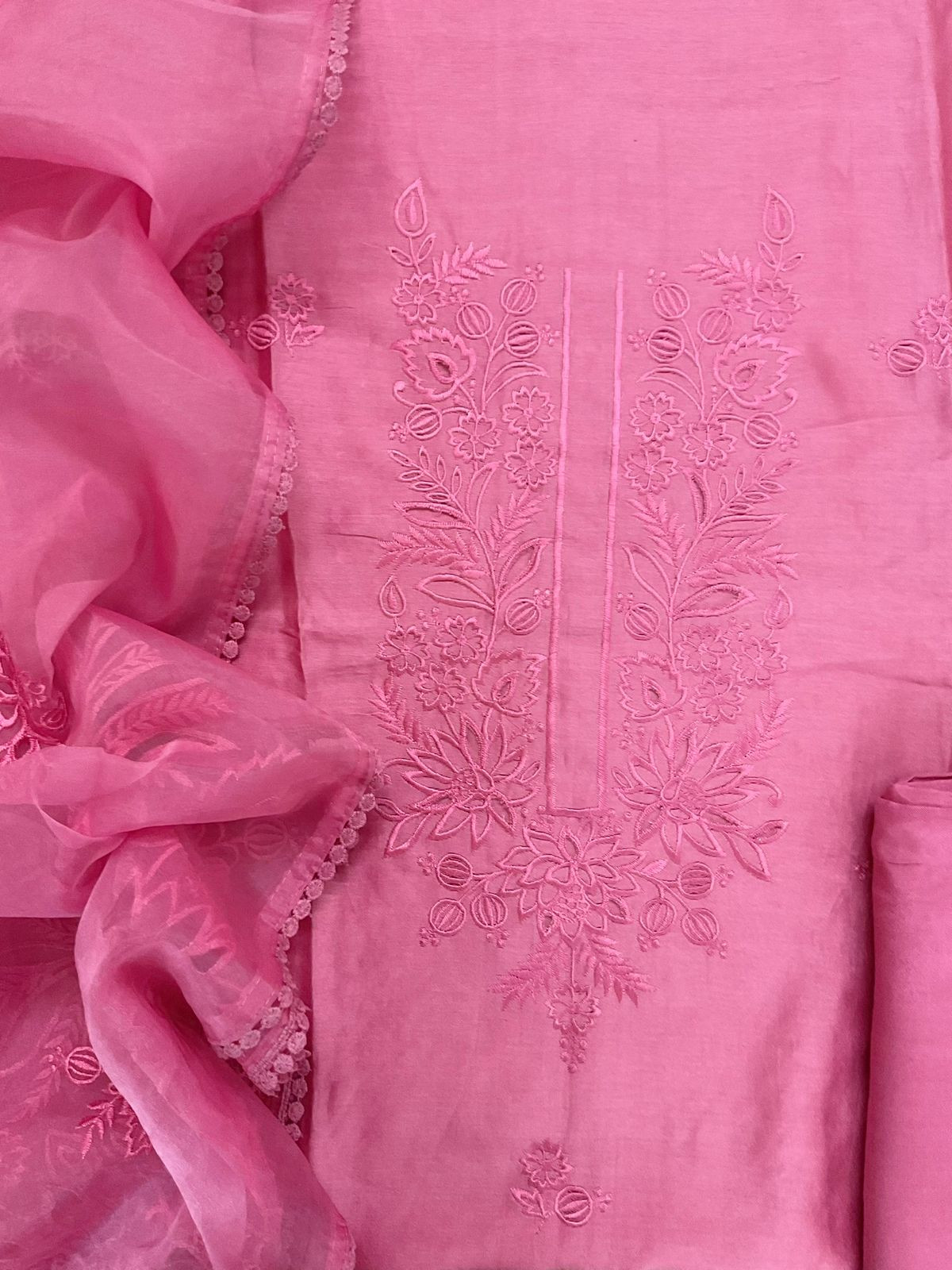 Pure Chanderi Embroidered Suit - Pink