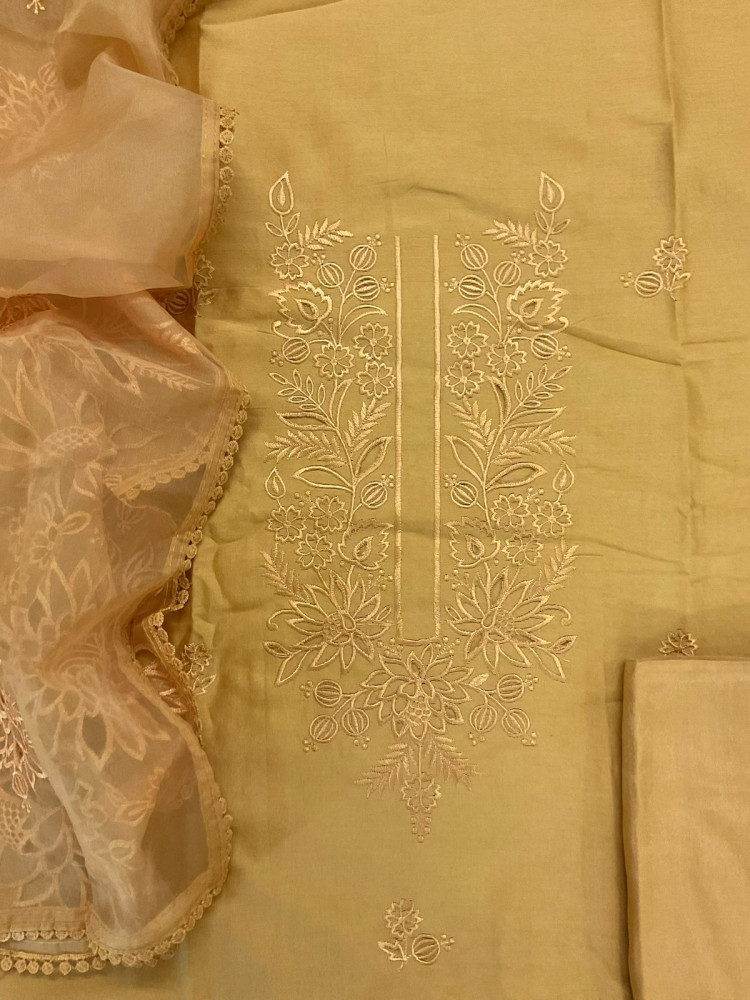 Image of Pure Chanderi Embroidered Suit - Yellow