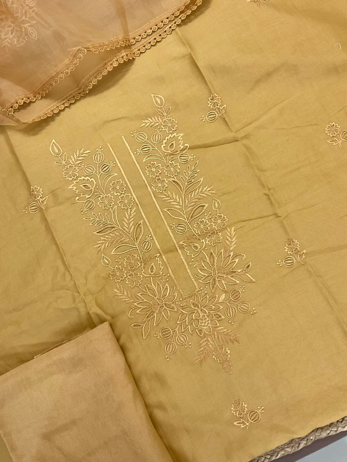 Pure Chanderi Embroidered Suit - Yellow