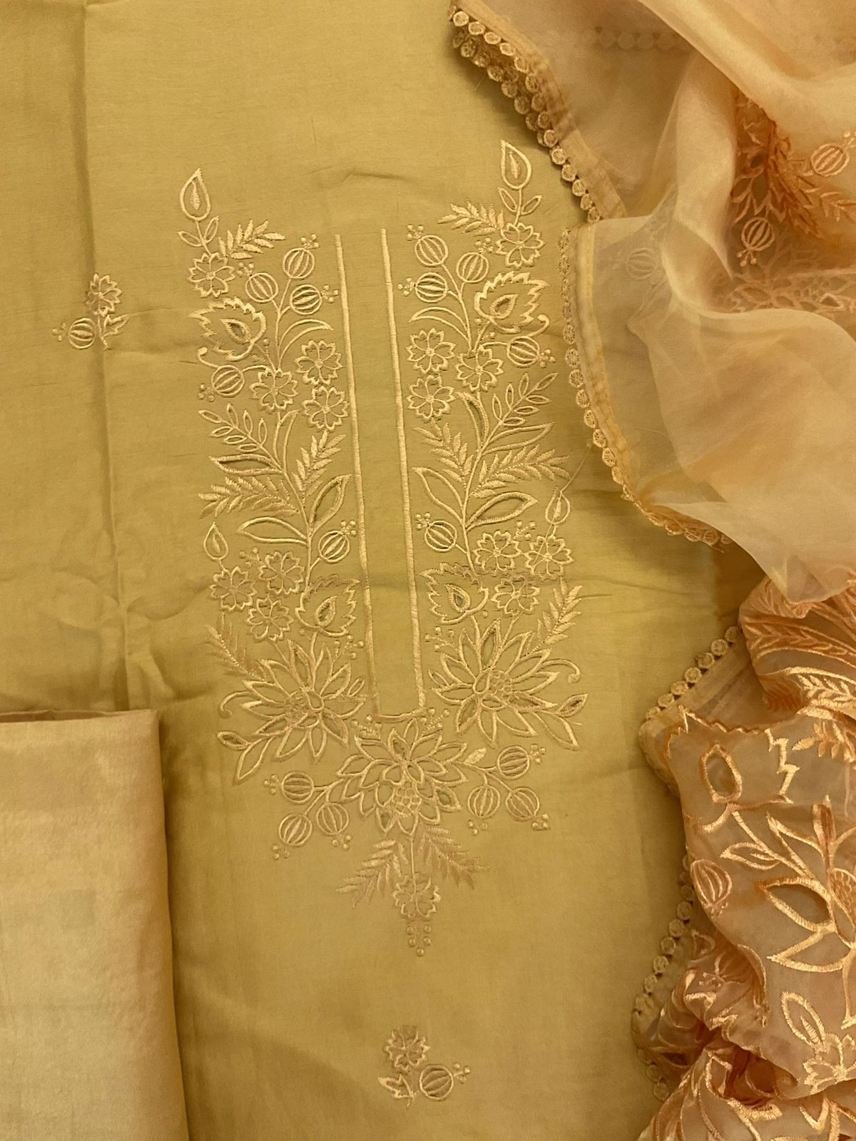 Pure Chanderi Embroidered Suit - Yellow