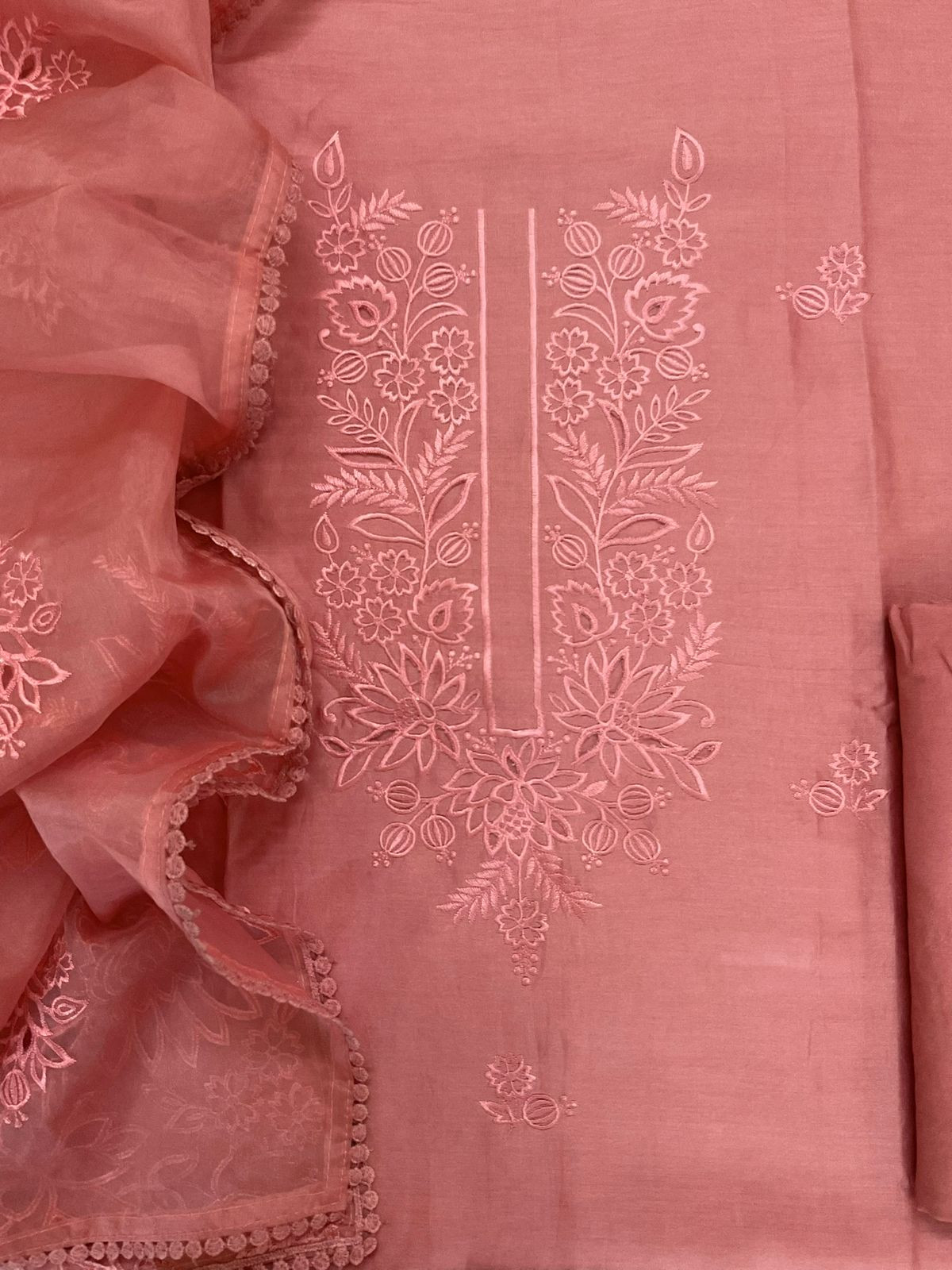 Pure Chanderi Embroidered Suit - Peach